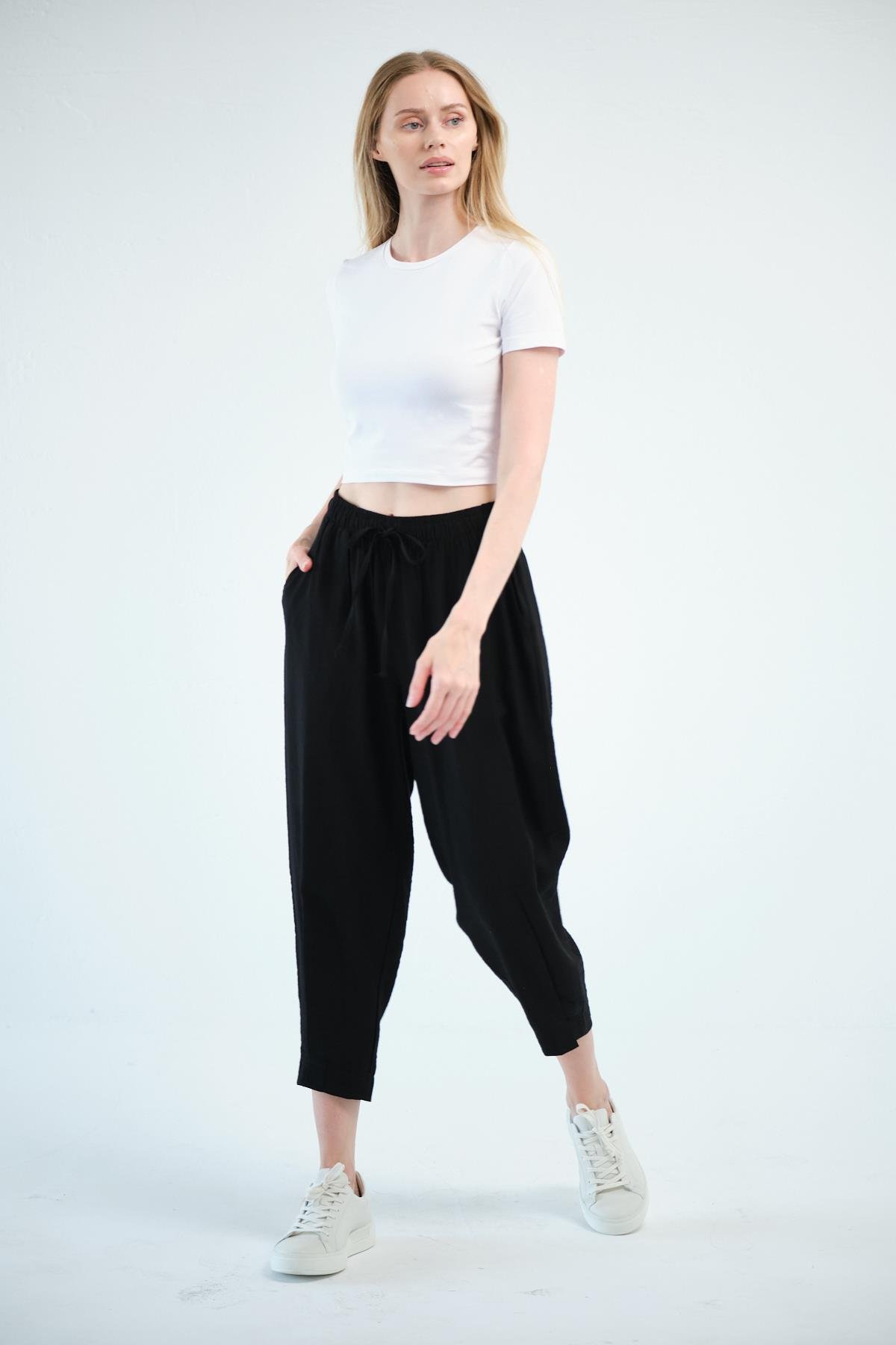 Busa Giyim Beli Bağcıklı Mom Fit Modal Pantolon SİYAH