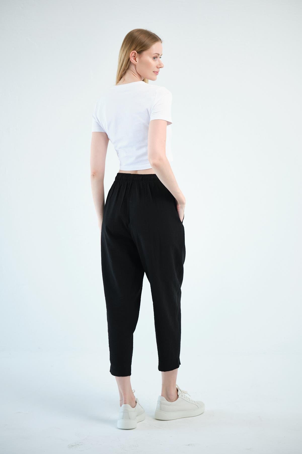 Busa Giyim Beli Bağcıklı Mom Fit Modal Pantolon SİYAH