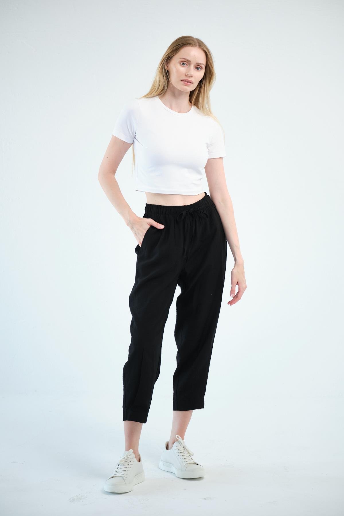 Busa Giyim Beli Bağcıklı Mom Fit Modal Pantolon SİYAH