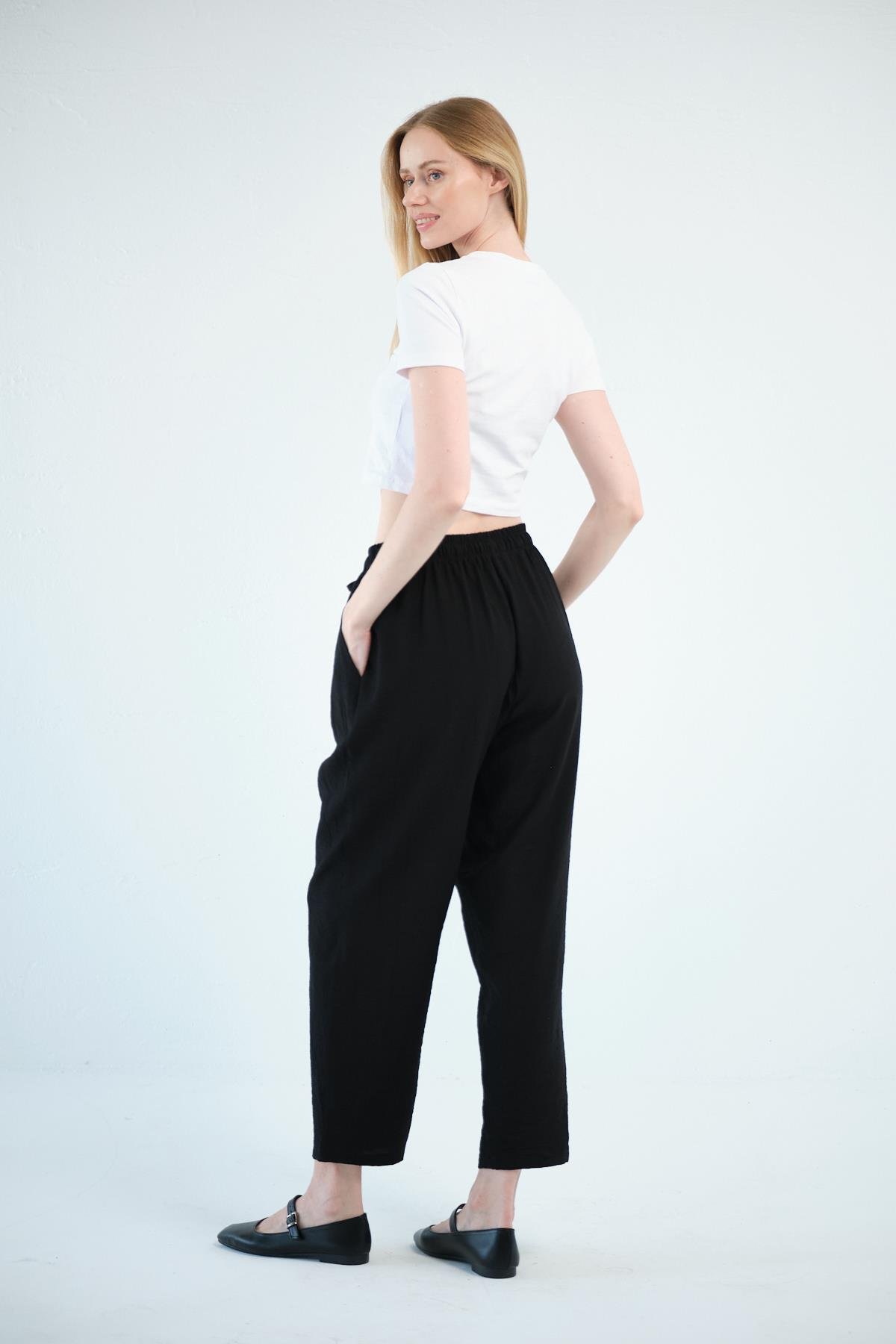 Busa Giyim Beli Bağcıklı Mom Fit Modal Pantolon SİYAH