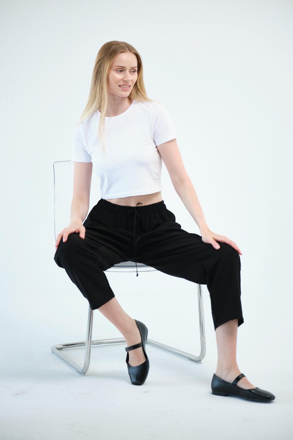 Busa Giyim Beli Bağcıklı Mom Fit Modal Pantolon SİYAH