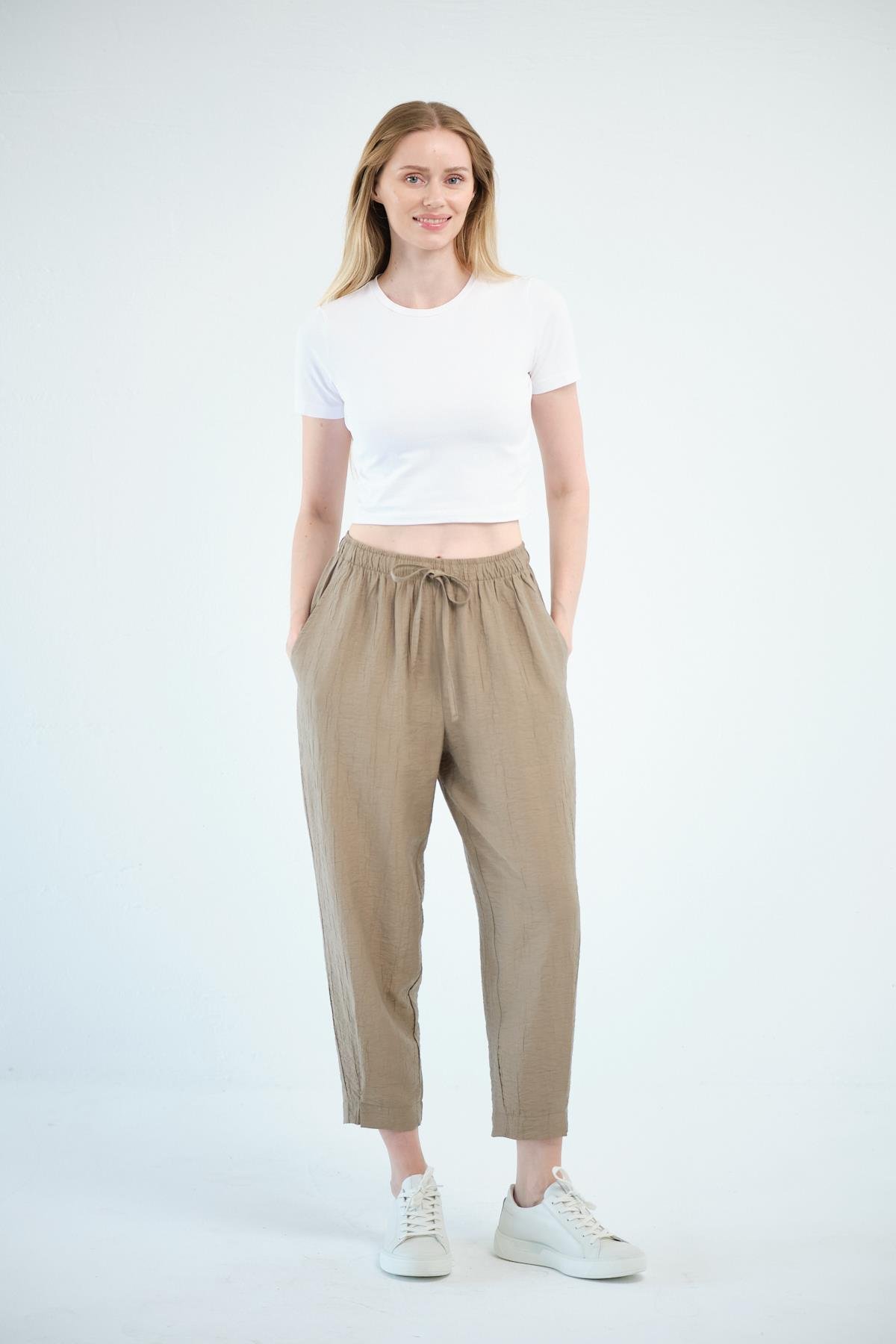 Busa Giyim Beli Bağcıklı Mom Fit Modal Pantolon HAKİ
