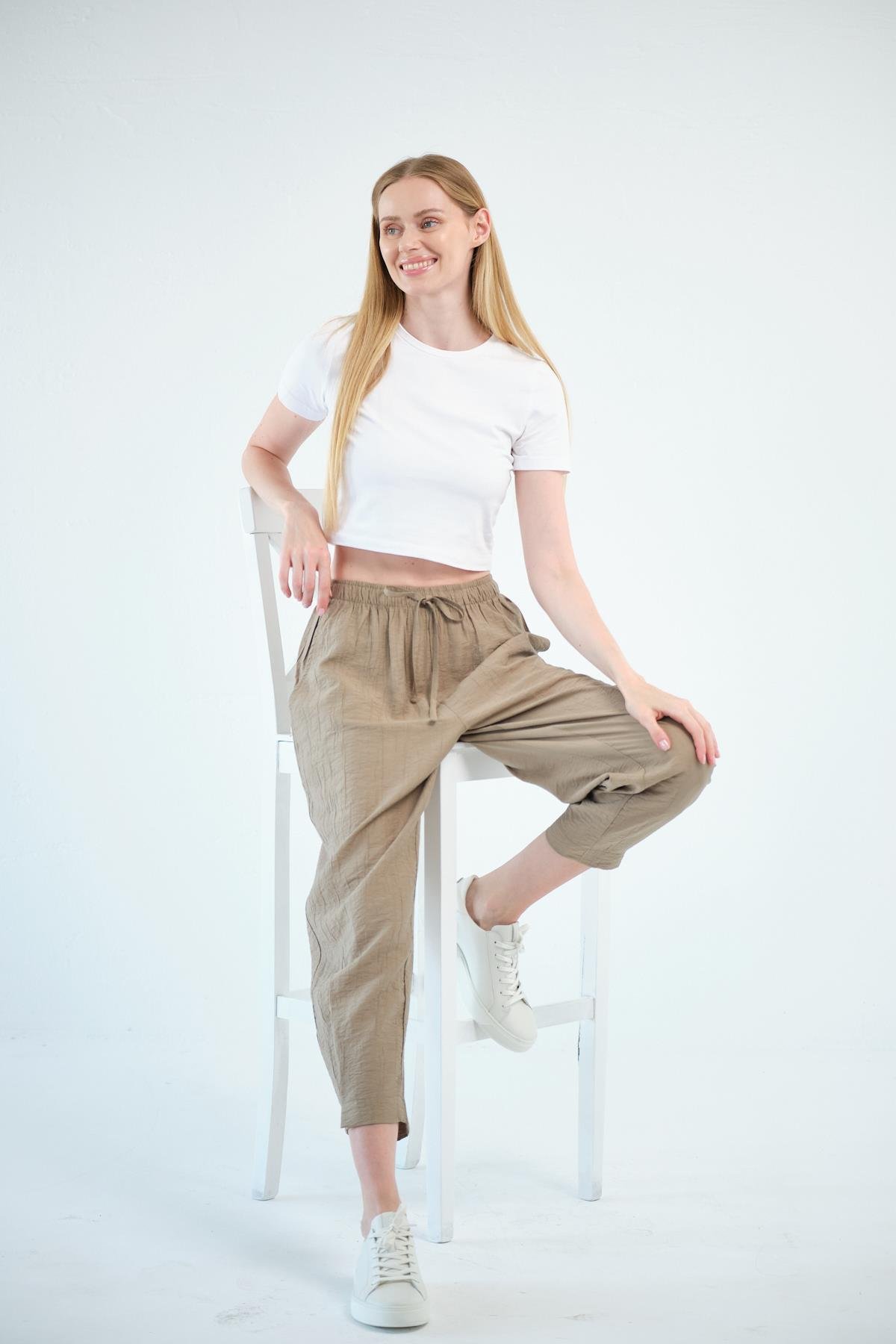 Busa Giyim Beli Bağcıklı Mom Fit Modal Pantolon HAKİ