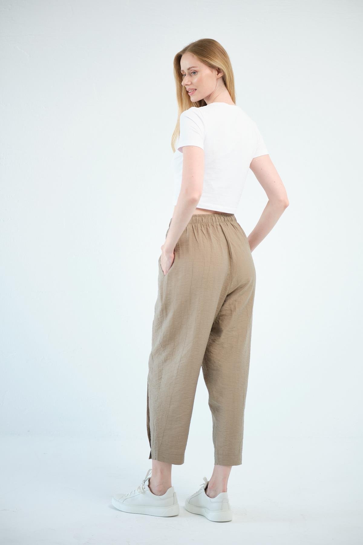 Busa Giyim Beli Bağcıklı Mom Fit Modal Pantolon HAKİ