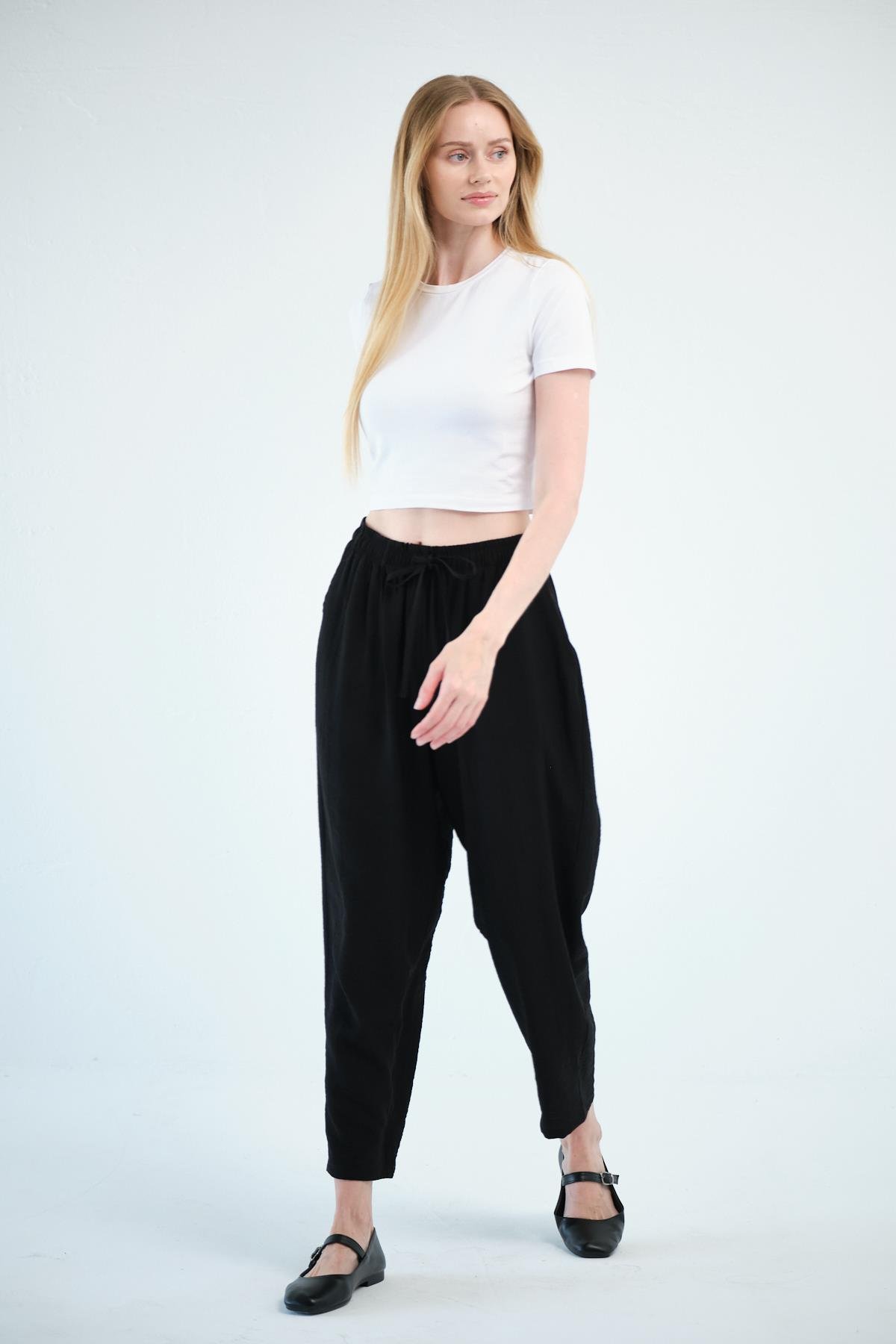Busa Giyim Beli Bağcıklı Mom Fit Modal Pantolon SİYAH