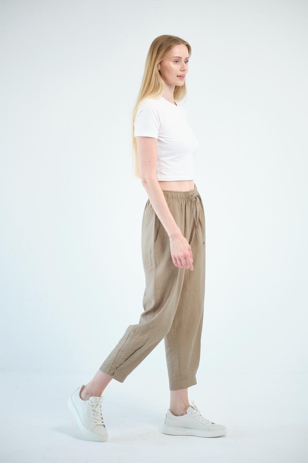 Busa Giyim Beli Bağcıklı Mom Fit Modal Pantolon HAKİ