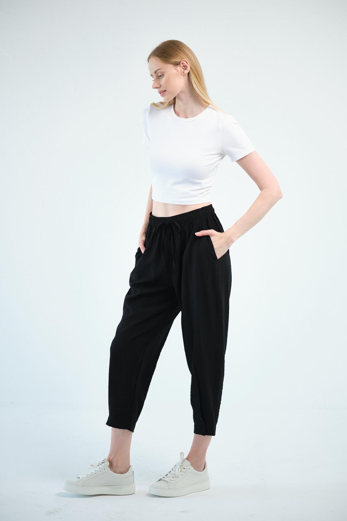Busa Giyim Beli Bağcıklı Mom Fit Modal Pantolon SİYAH
