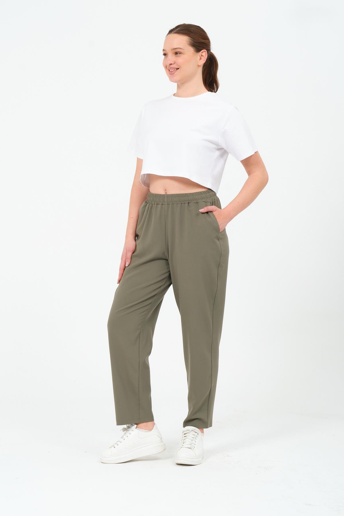 Busa Giyim Büyük Beden Gabardin Mom Fit Klasik Pantolon HAKİ
