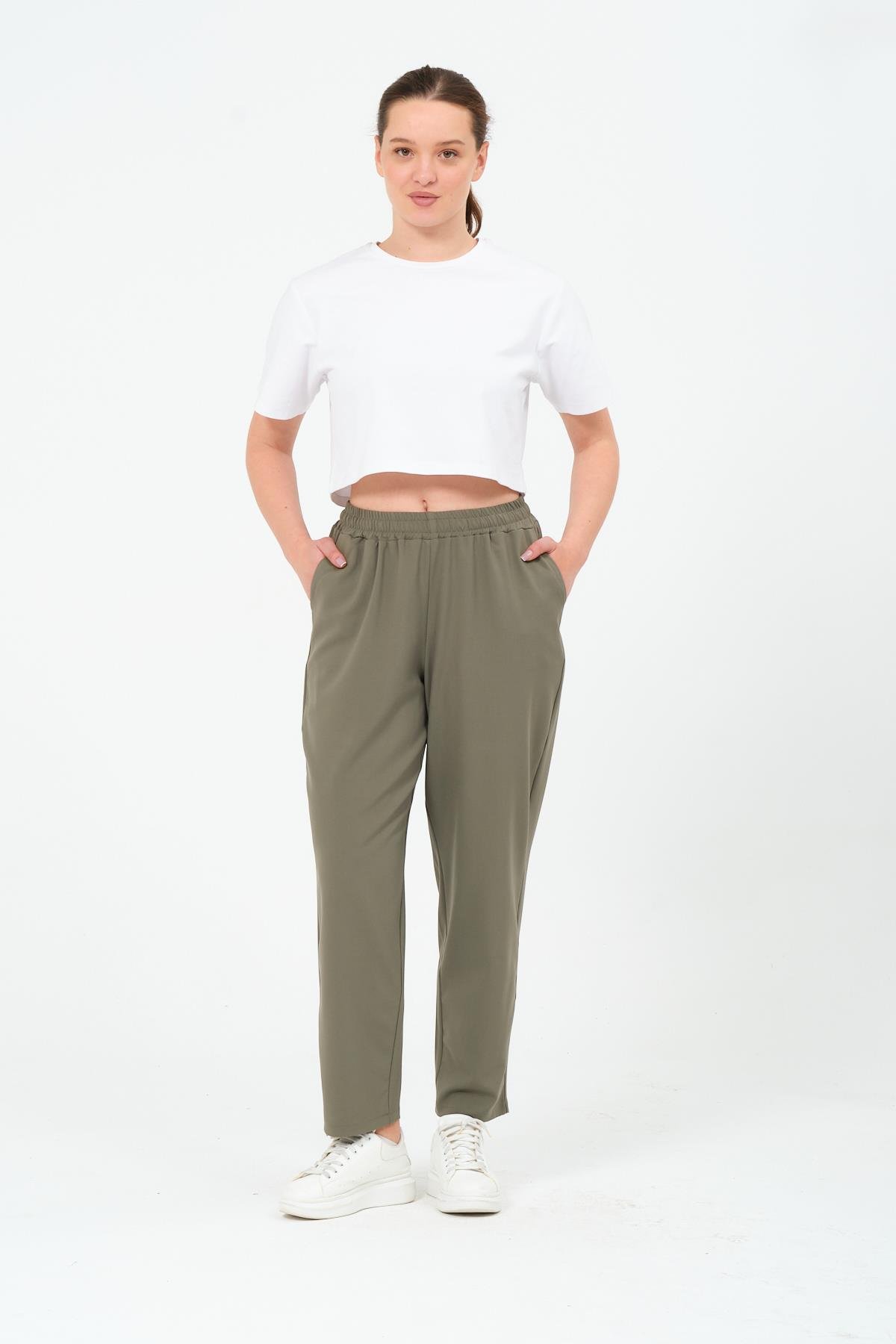 Busa Giyim Büyük Beden Gabardin Mom Fit Klasik Pantolon HAKİ