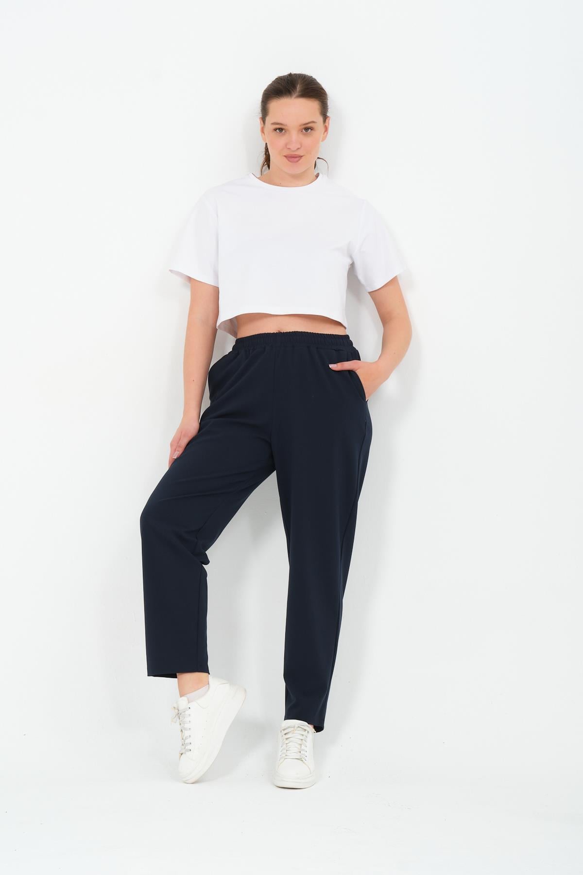 Busa Giyim Büyük Beden Gabardin Mom Fit Klasik Pantolon LACİVERT