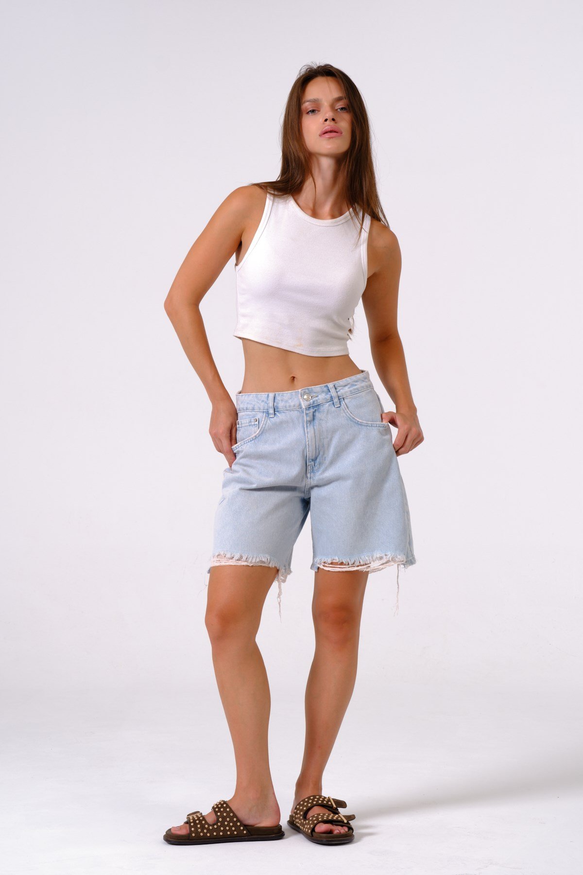 Busa Giyim Yüksel Bel Straight Fit Kot Denim Şort BUZ MAVİSİ