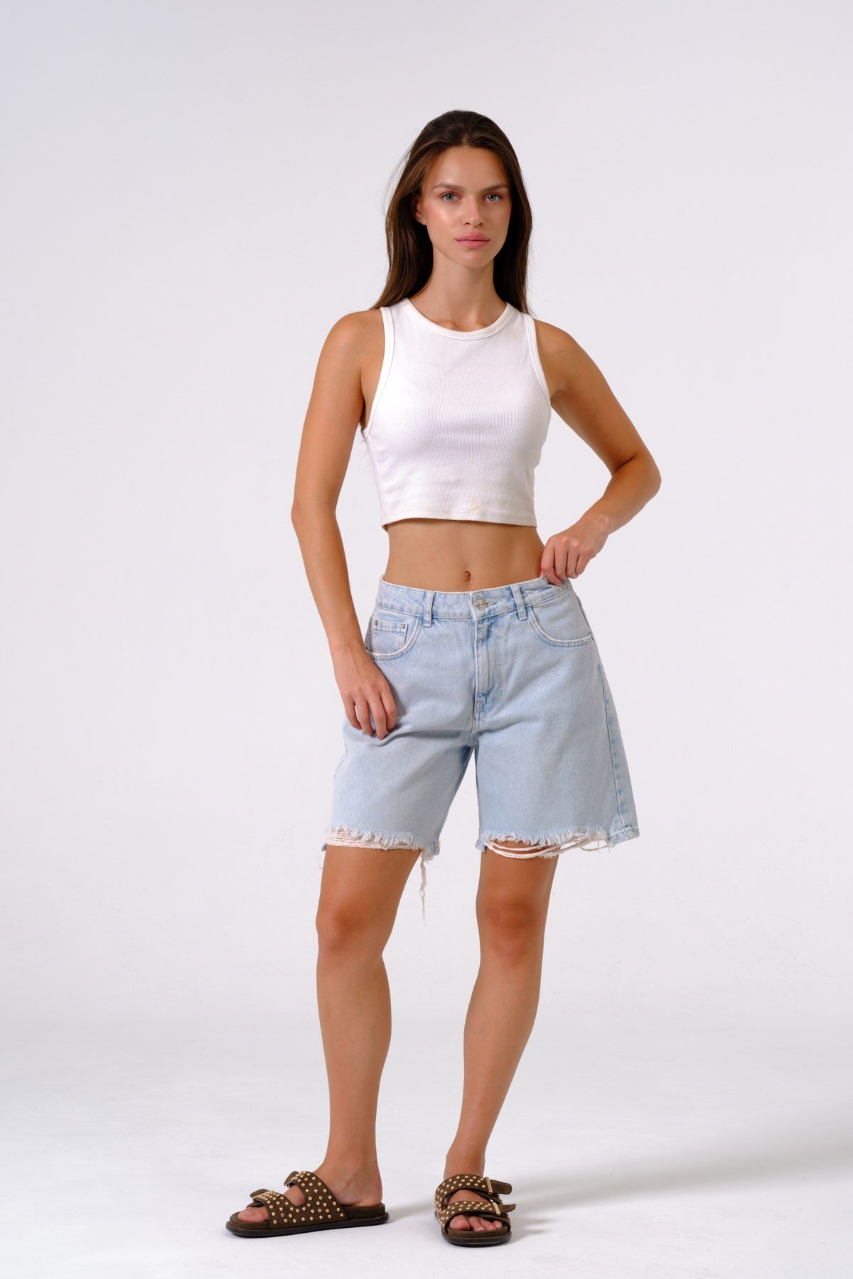 Busa Giyim Yüksel Bel Straight Fit Kot Denim Şort BUZ MAVİSİ