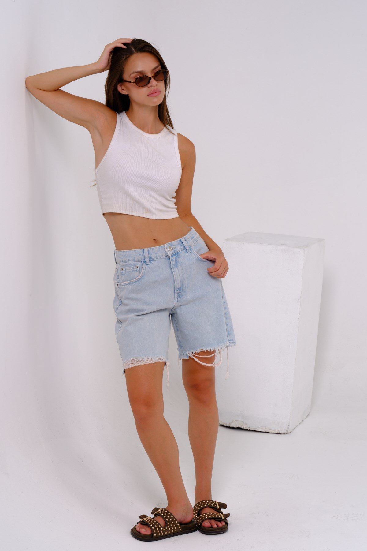 Busa Giyim Yüksel Bel Straight Fit Kot Denim Şort BUZ MAVİSİ