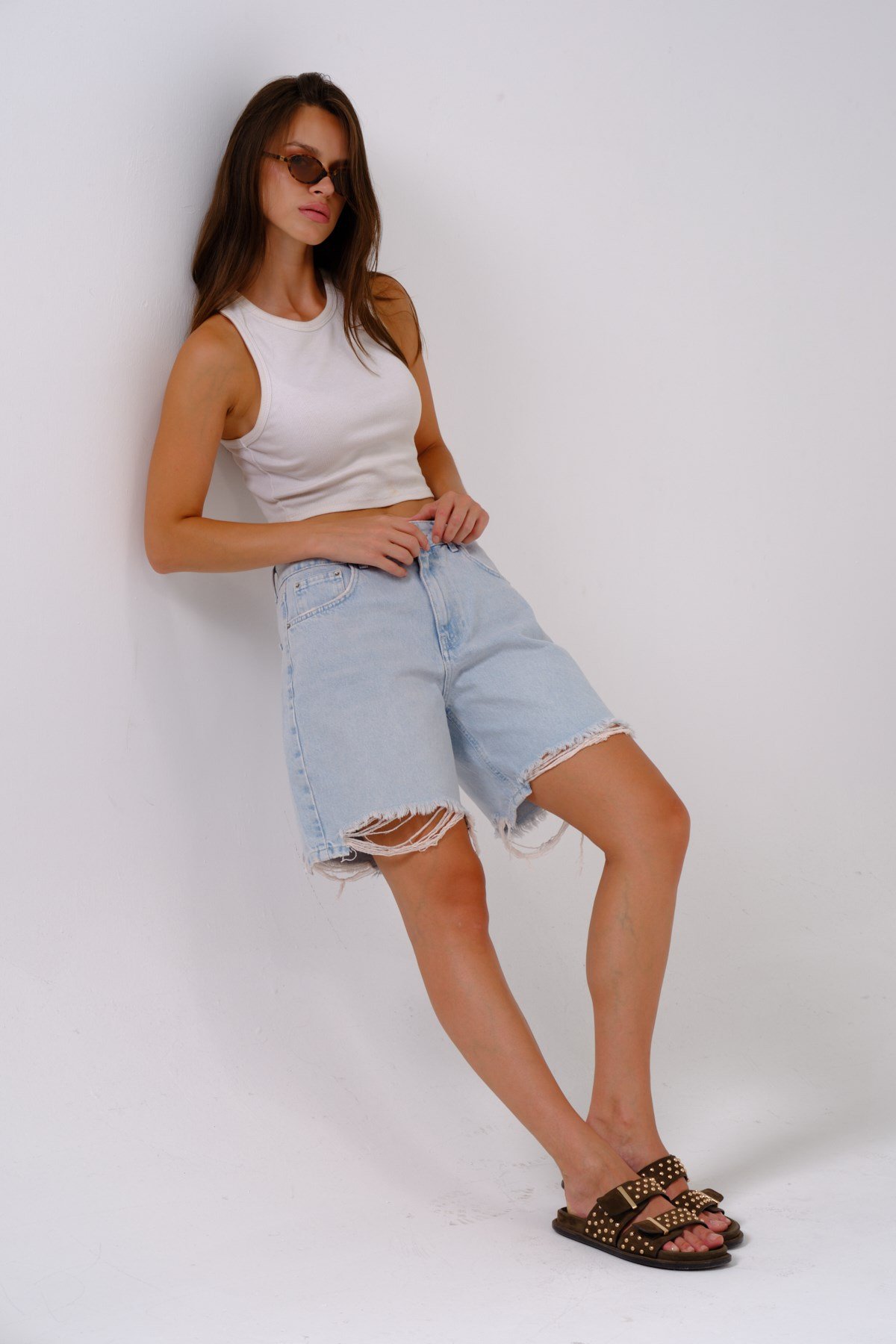 Busa Giyim Yüksel Bel Straight Fit Kot Denim Şort BUZ MAVİSİ