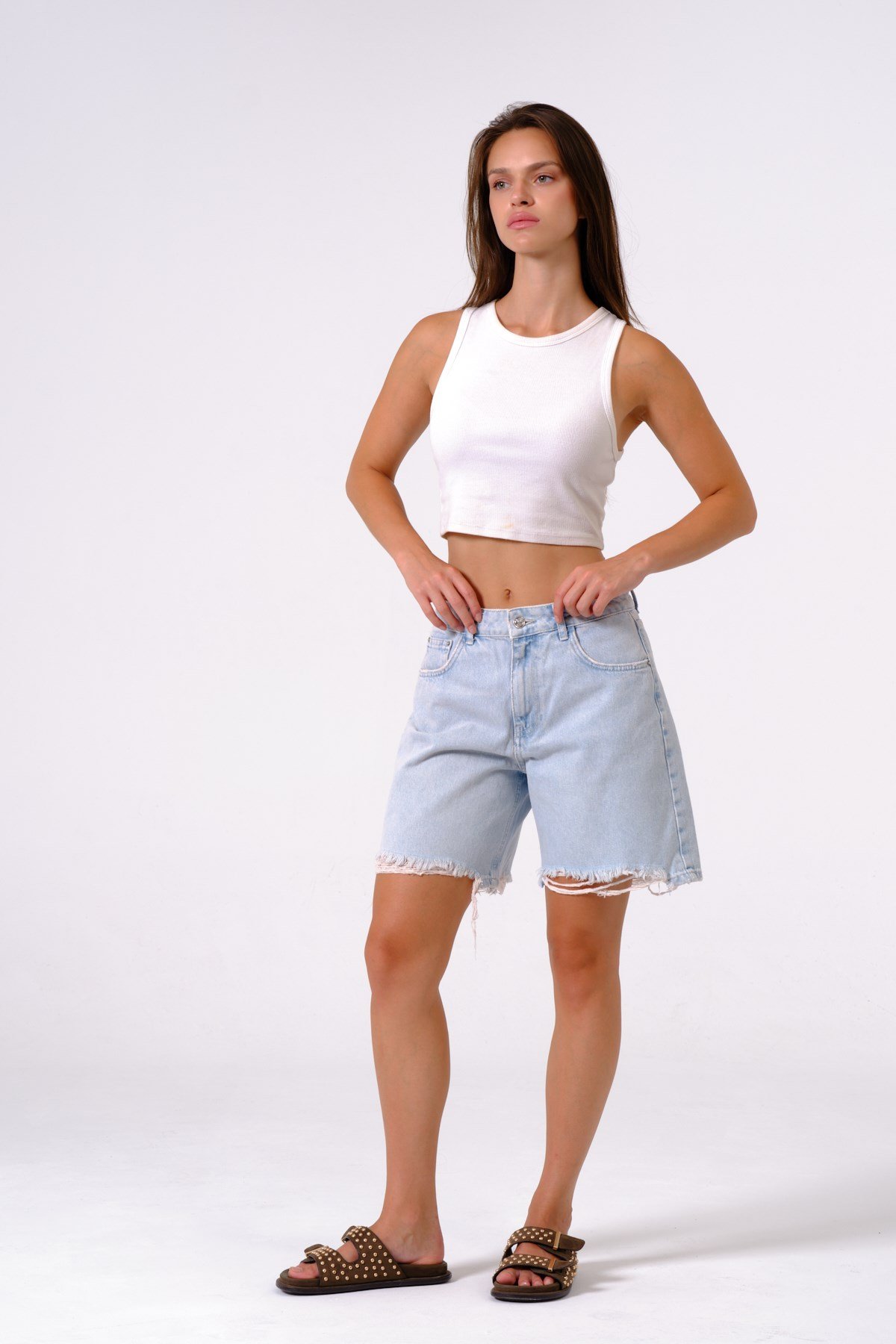 Busa Giyim Yüksel Bel Straight Fit Kot Denim Şort BUZ MAVİSİ