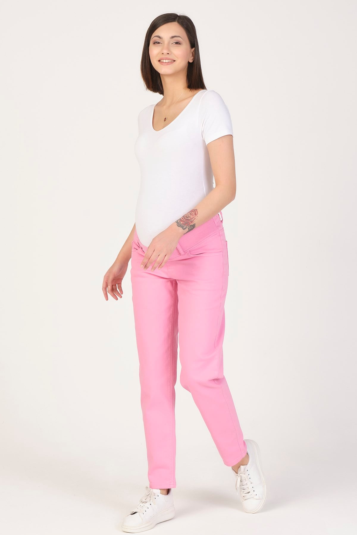 Busa Hamile Alt Karın Destekli Mom Fit Kot Pantolon Pembe