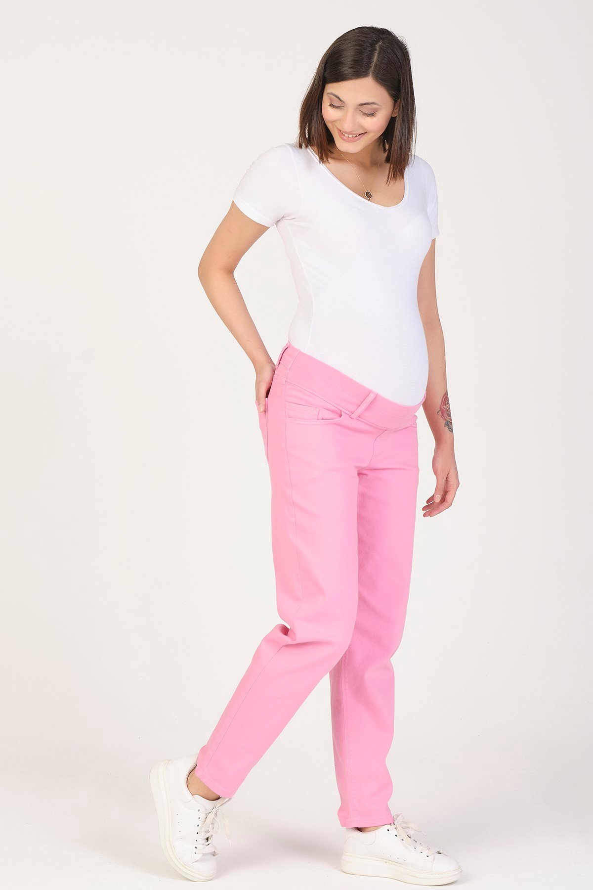 Busa Hamile Alt Karın Destekli Mom Fit Kot Pantolon Pembe
