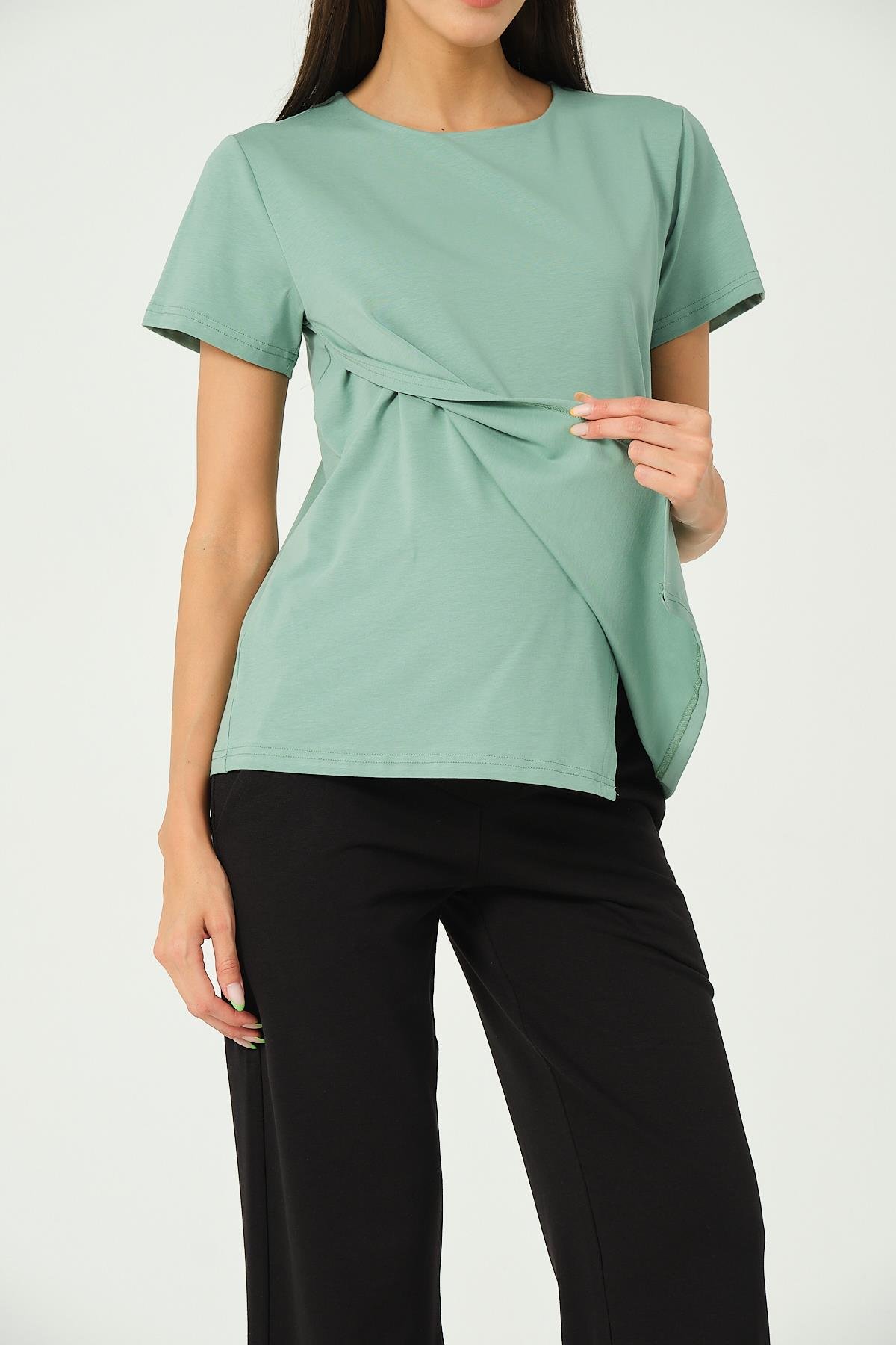 Busa Hamile Asimetrik Kesim Emzirme Detaylı Kısa Kollu T-Shirt Çağla