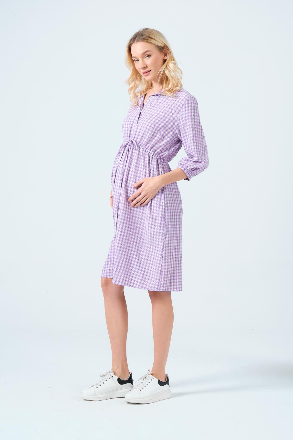 Busa Hamile Beli Bağcıklı Gömlek Yaka Ara Boy Ekose Elbise LİLA