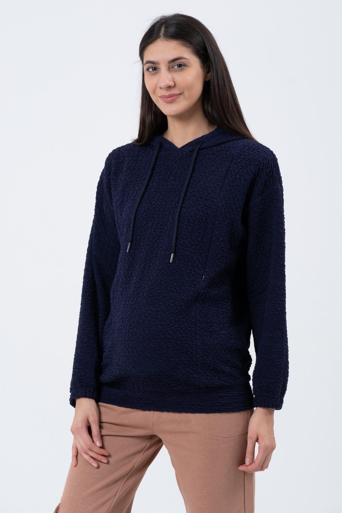 Busa Hamile Emzirme Detaylı Kapüşonlu Sweatshirt Lacivert