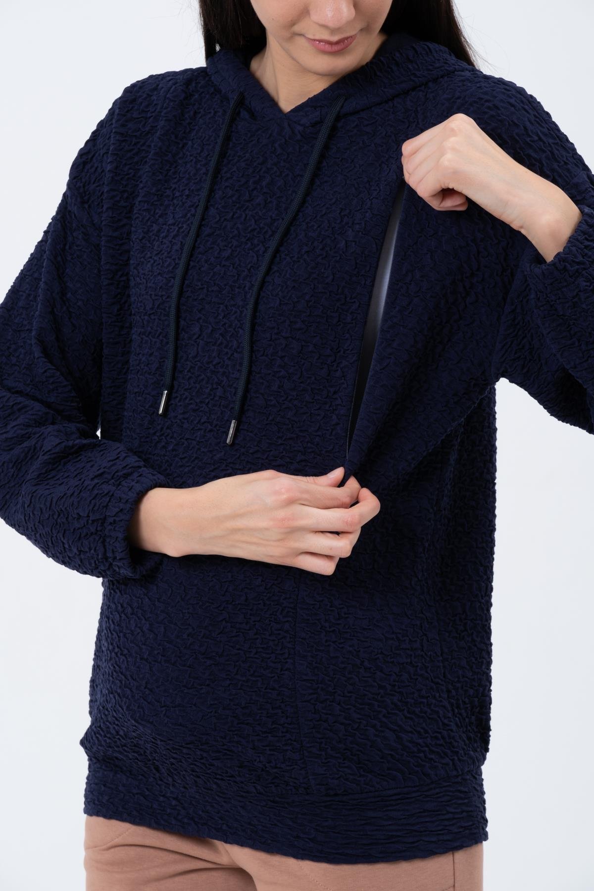 Busa Hamile Emzirme Detaylı Kapüşonlu Sweatshirt Lacivert