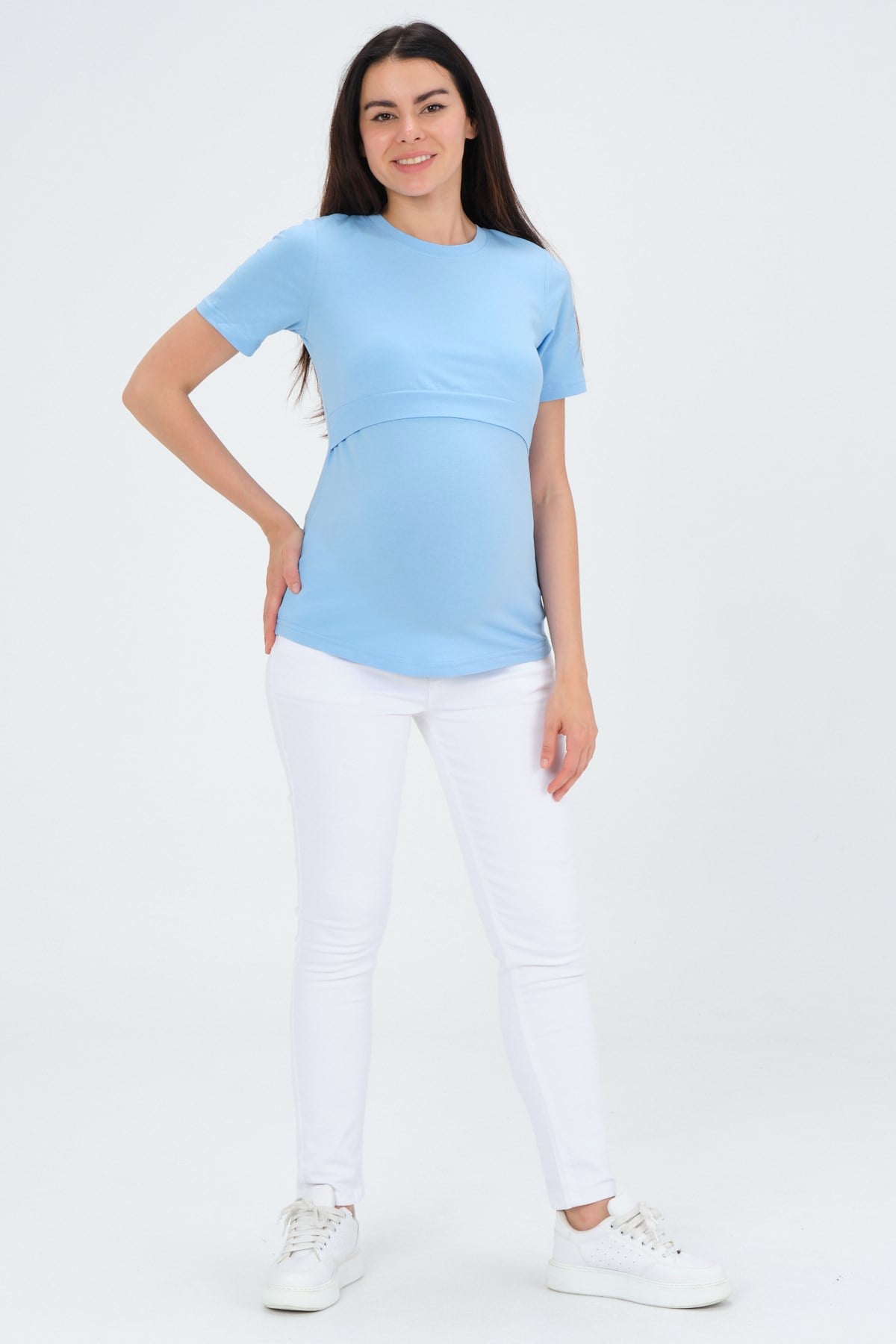 Busa Hamile Emzirme Detaylı Kısa Kollu T-Shirt Mavi