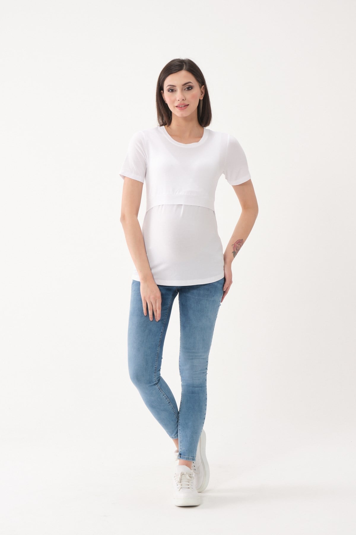 Busa Hamile Emzirme Detaylı Kısa Kollu T-Shirt Beyaz
