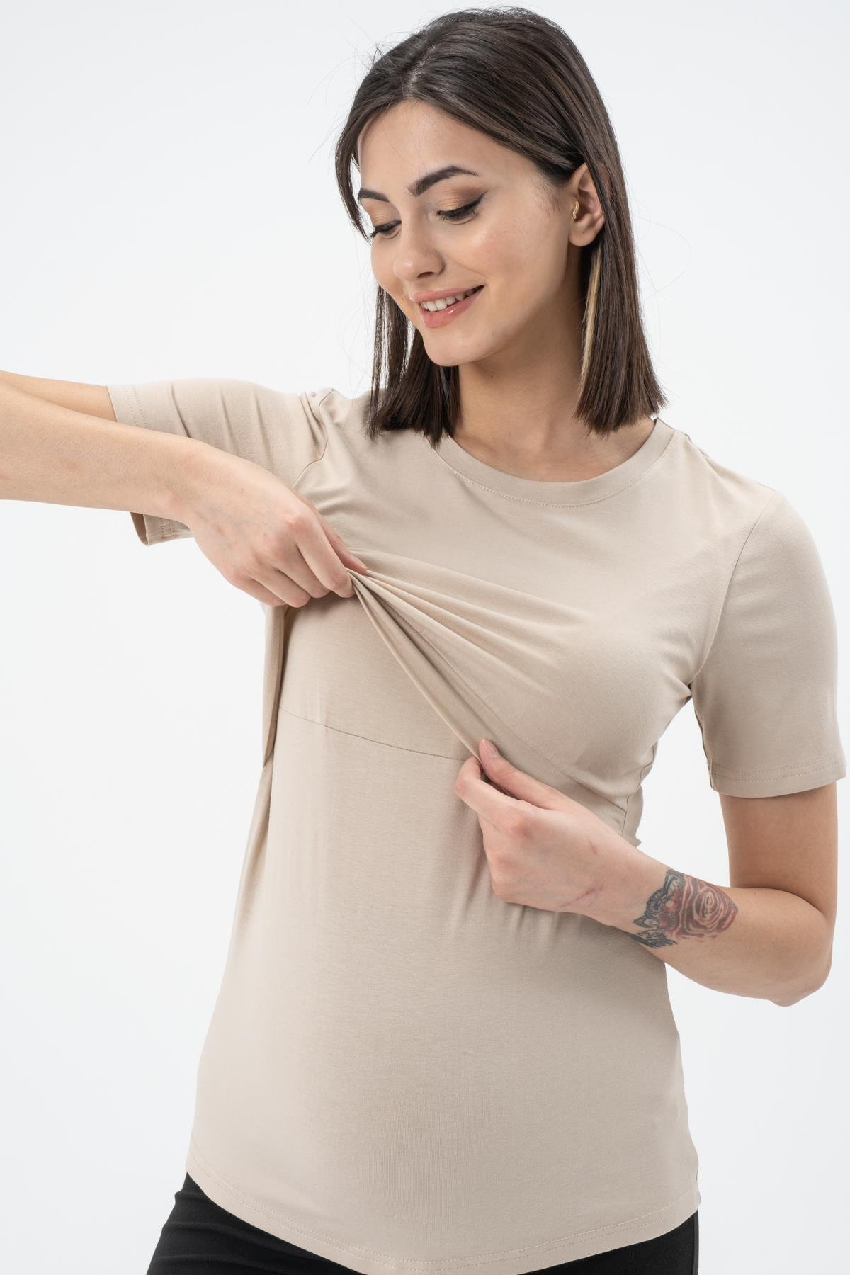Busa Hamile Emzirme Detaylı Kısa Kollu T-Shirt Bej