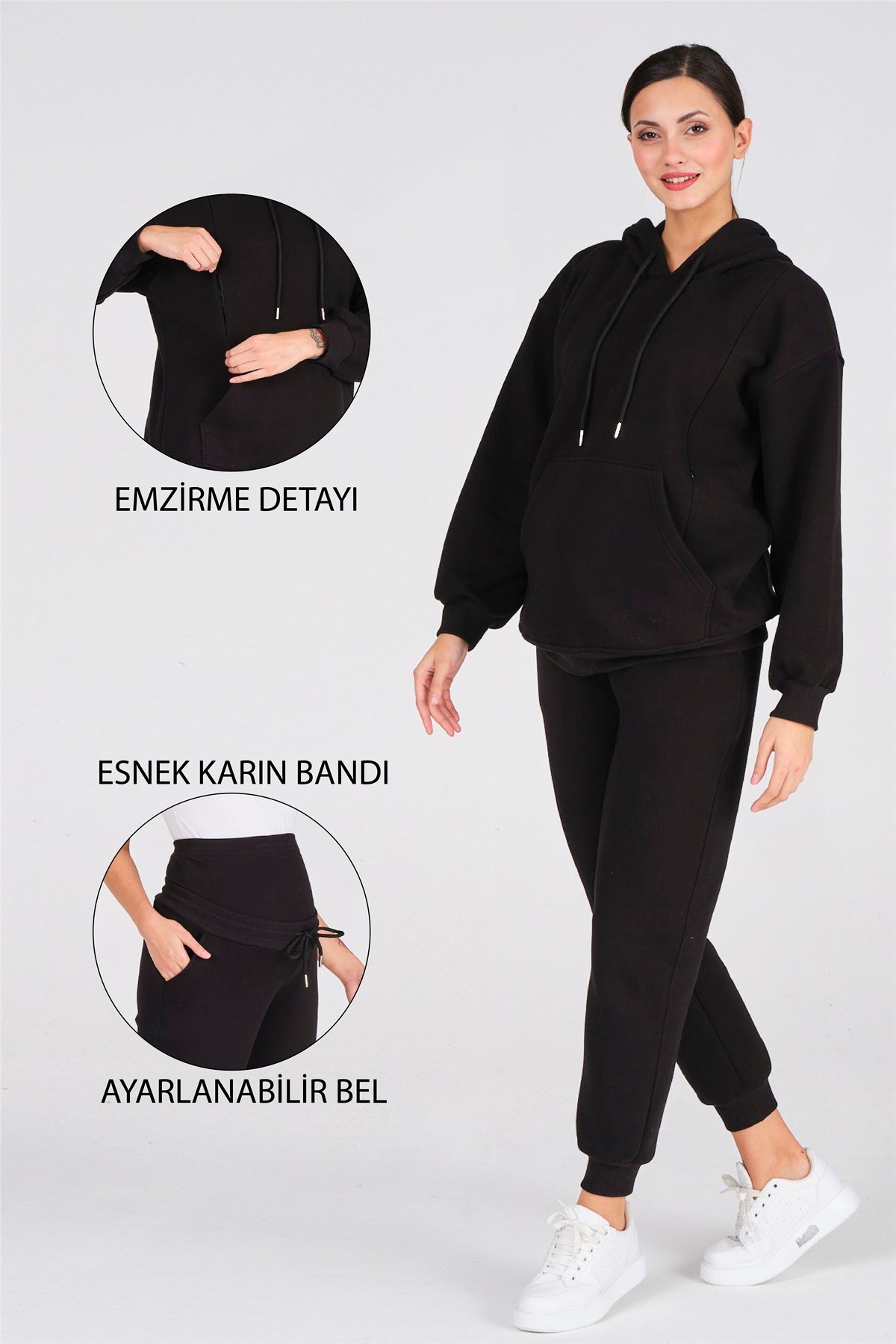 Busa Hamile Emzirme Detaylı Termal Eşofman Takımı Siyah