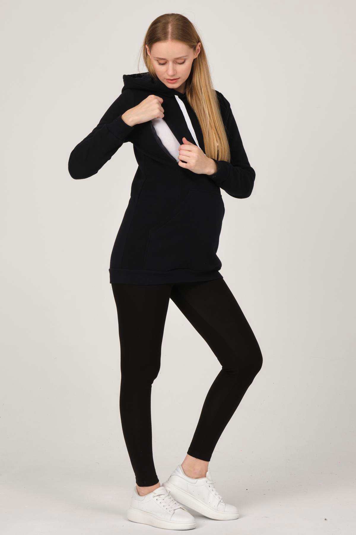 Busa Hamile Emzirme Detaylı Termal Kapüşonlu Sweatshirt Koyu Lacivert