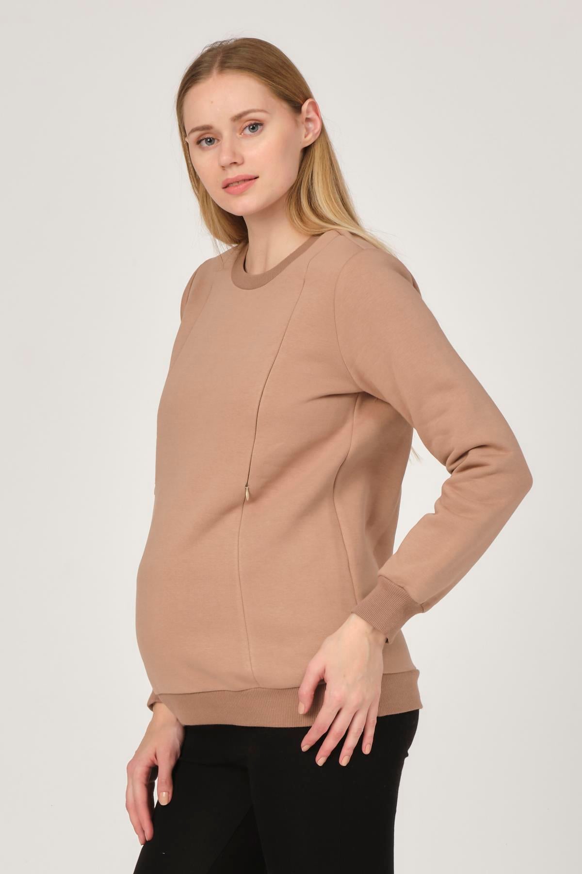Busa Hamile Emzirme Detaylı Termal Sweatshirt Bej