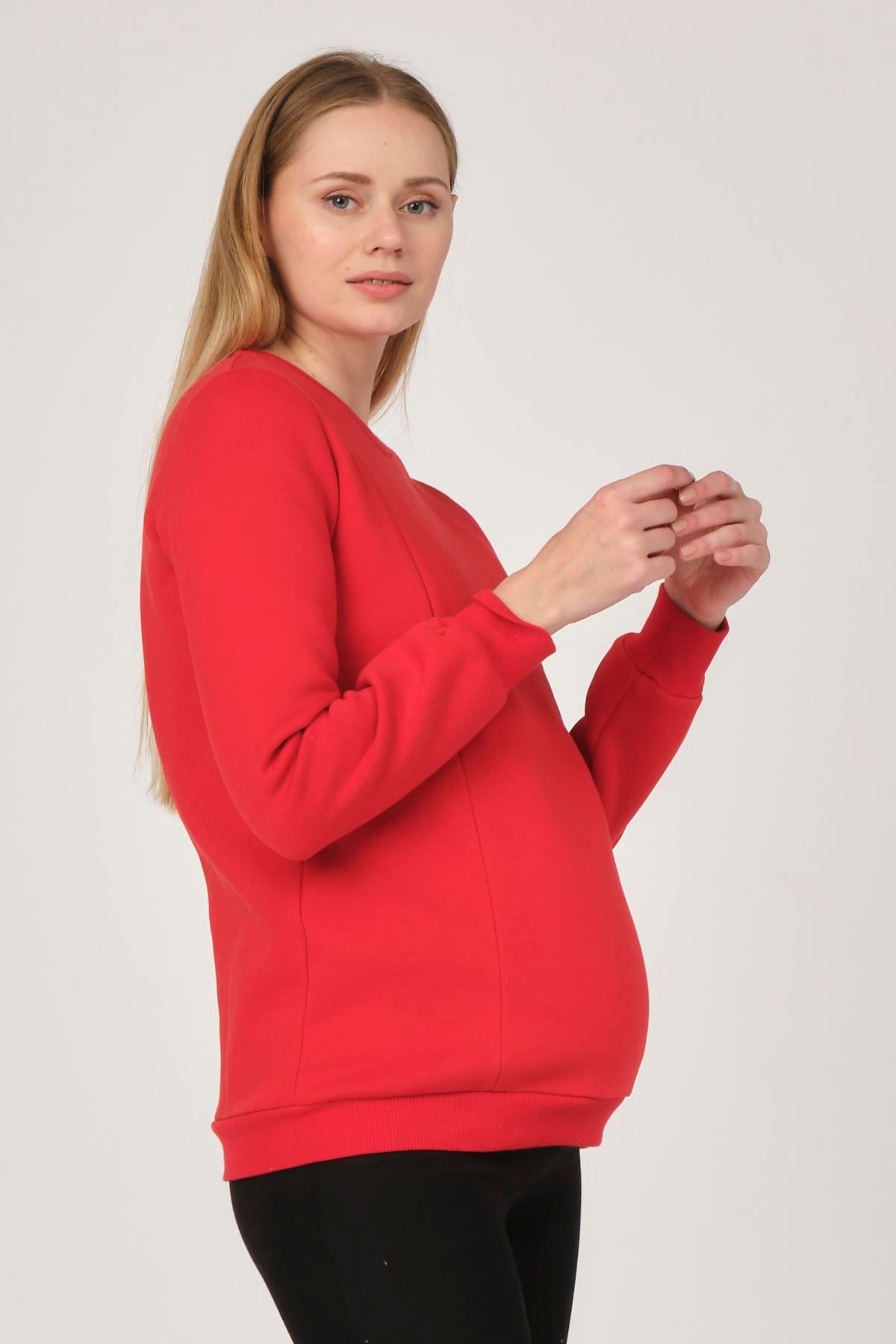 Busa Hamile Emzirme Detaylı Termal Sweatshirt Kırmızı