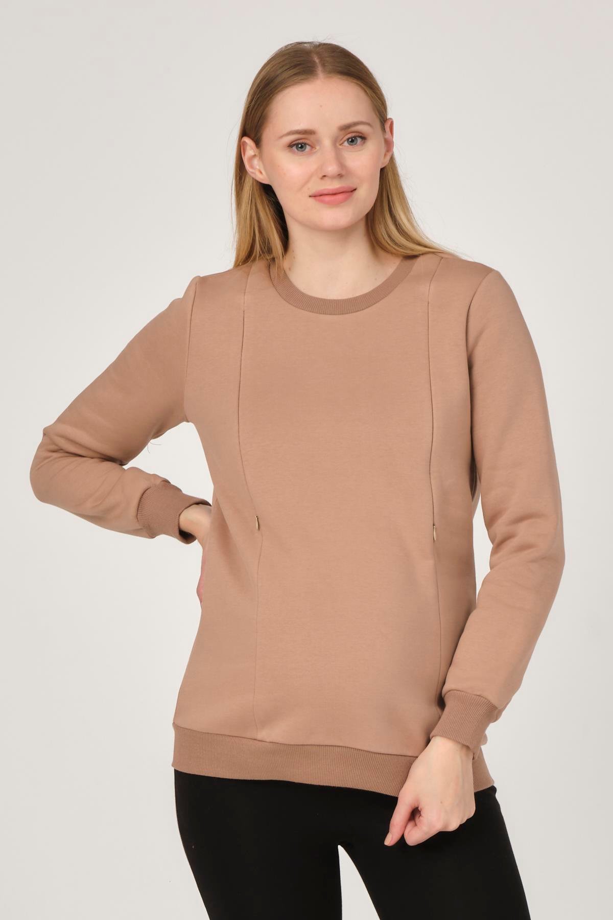 Busa Hamile Emzirme Detaylı Termal Sweatshirt Bej