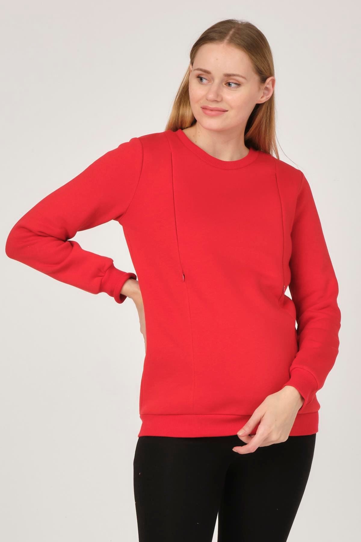 Busa Hamile Emzirme Detaylı Termal Sweatshirt Kırmızı