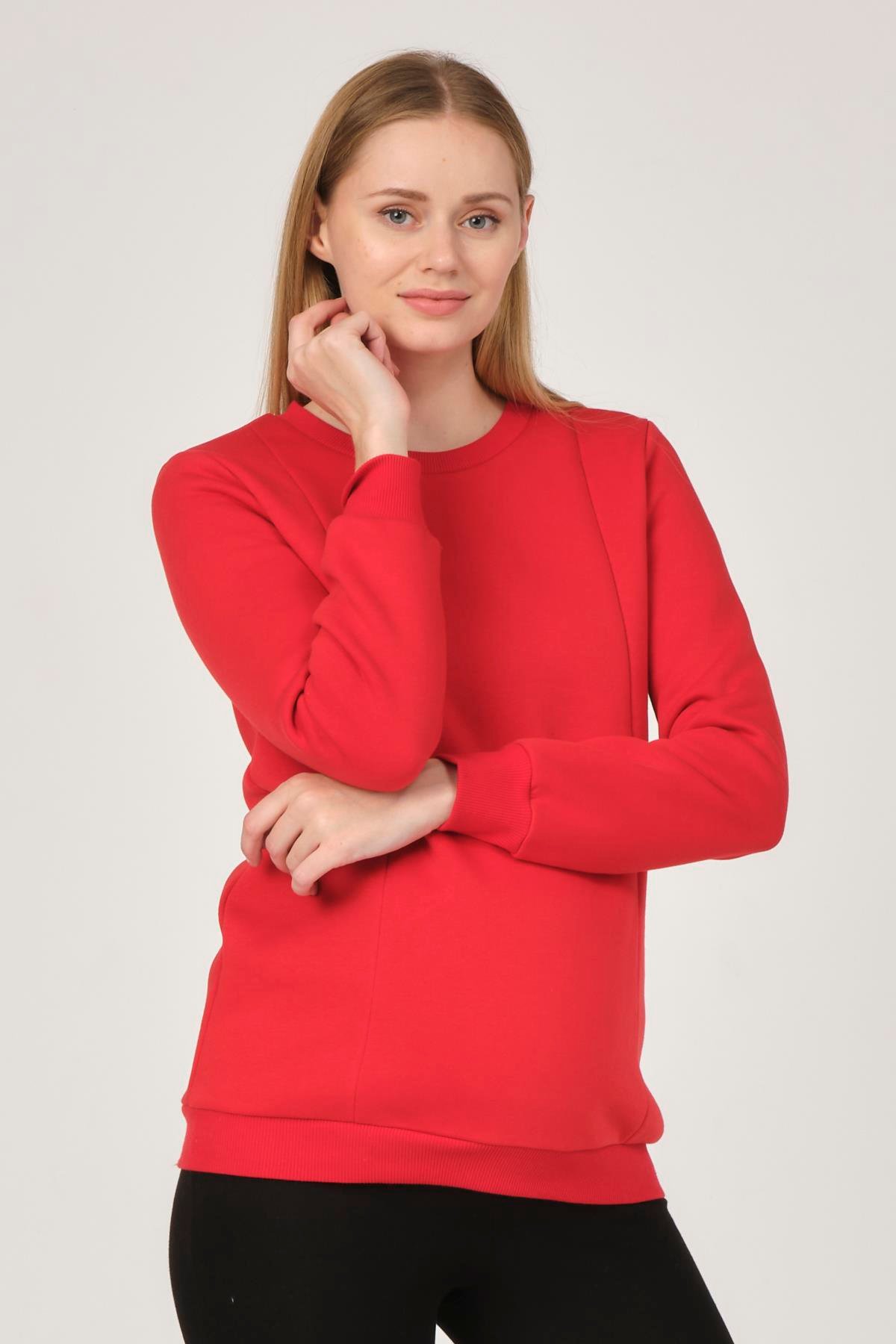Busa Hamile Emzirme Detaylı Termal Sweatshirt Kırmızı