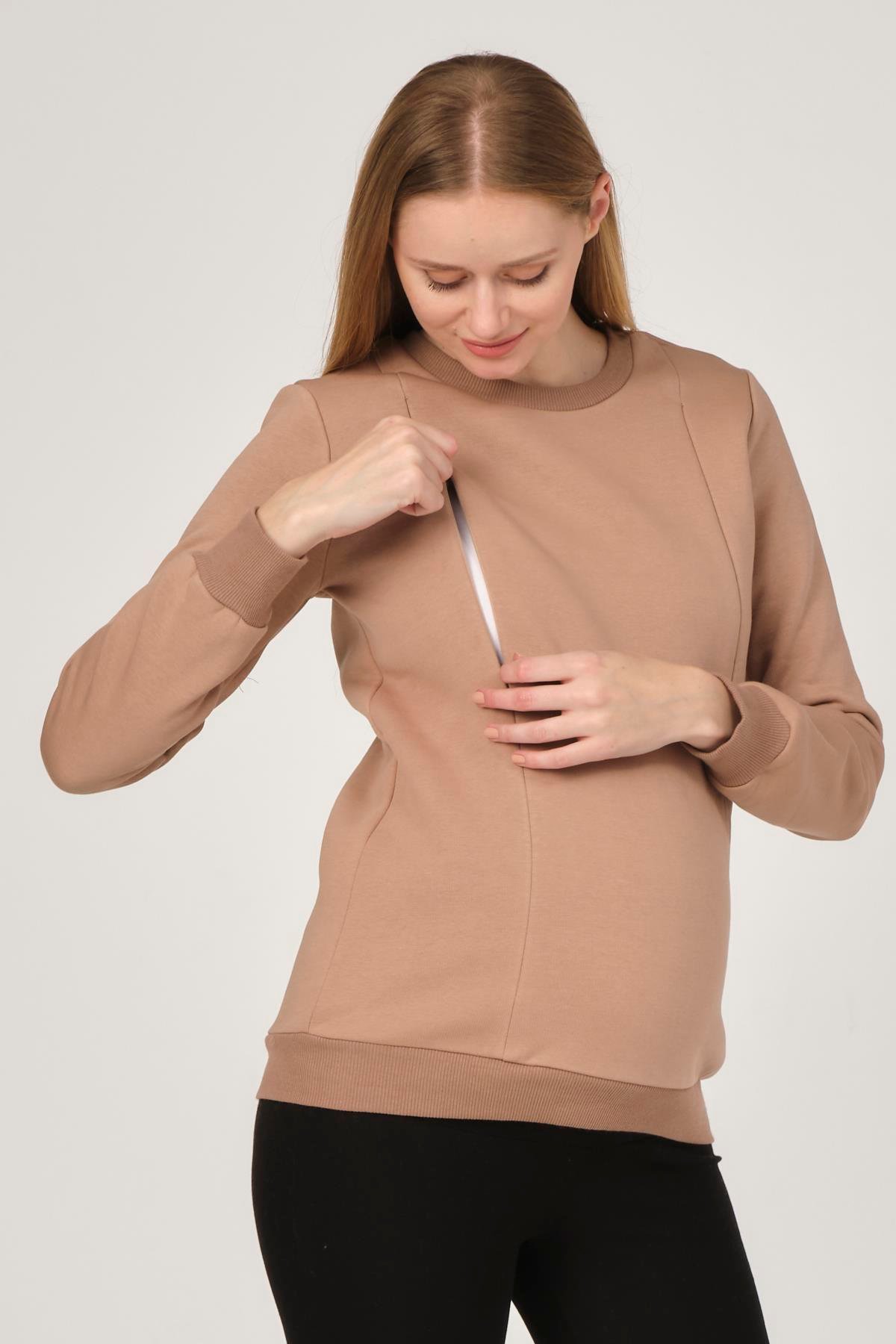 Busa Hamile Emzirme Detaylı Termal Sweatshirt Bej