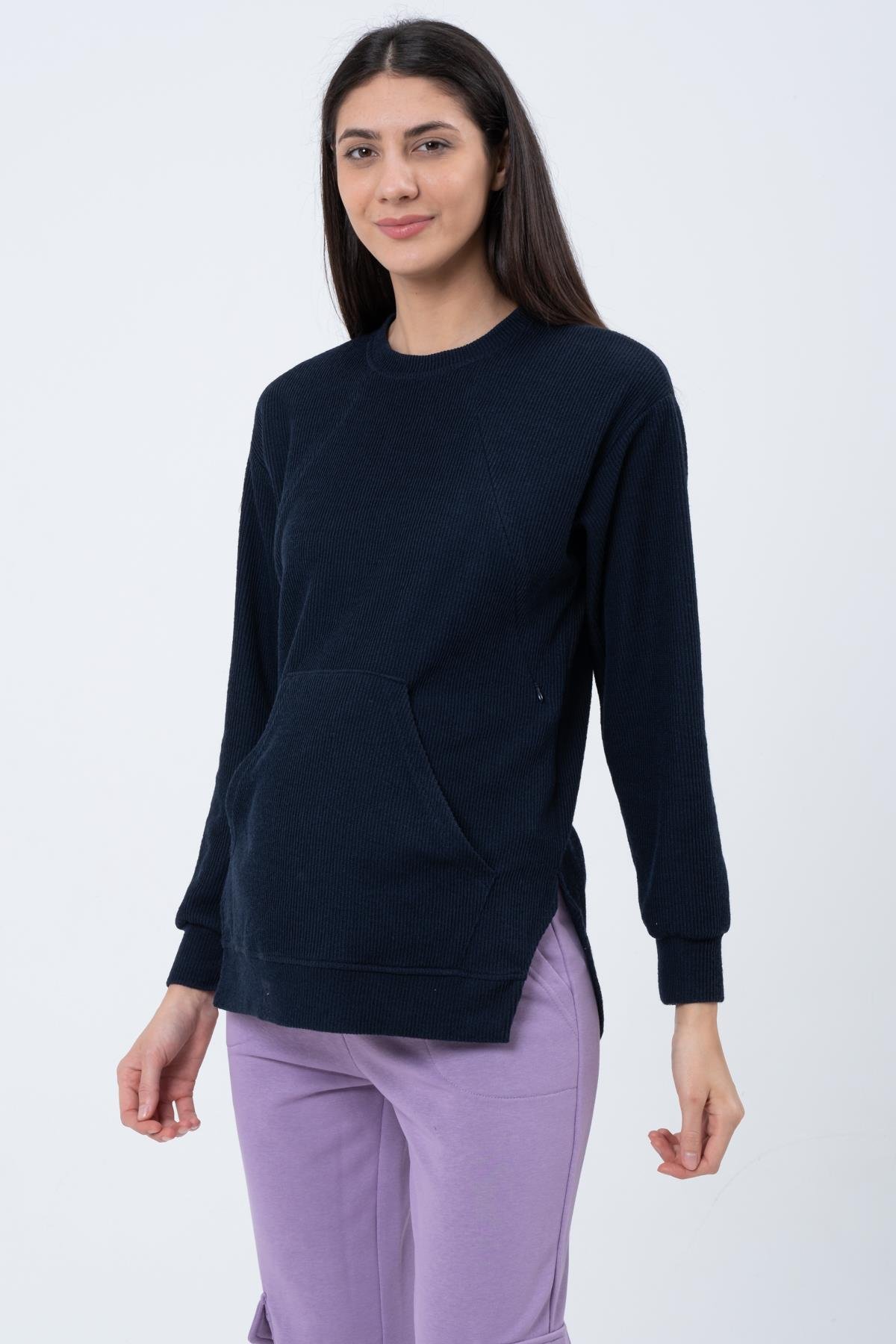 Busa Hamile Emzirme Detaylı Triko Sweatshirt LACİVERT