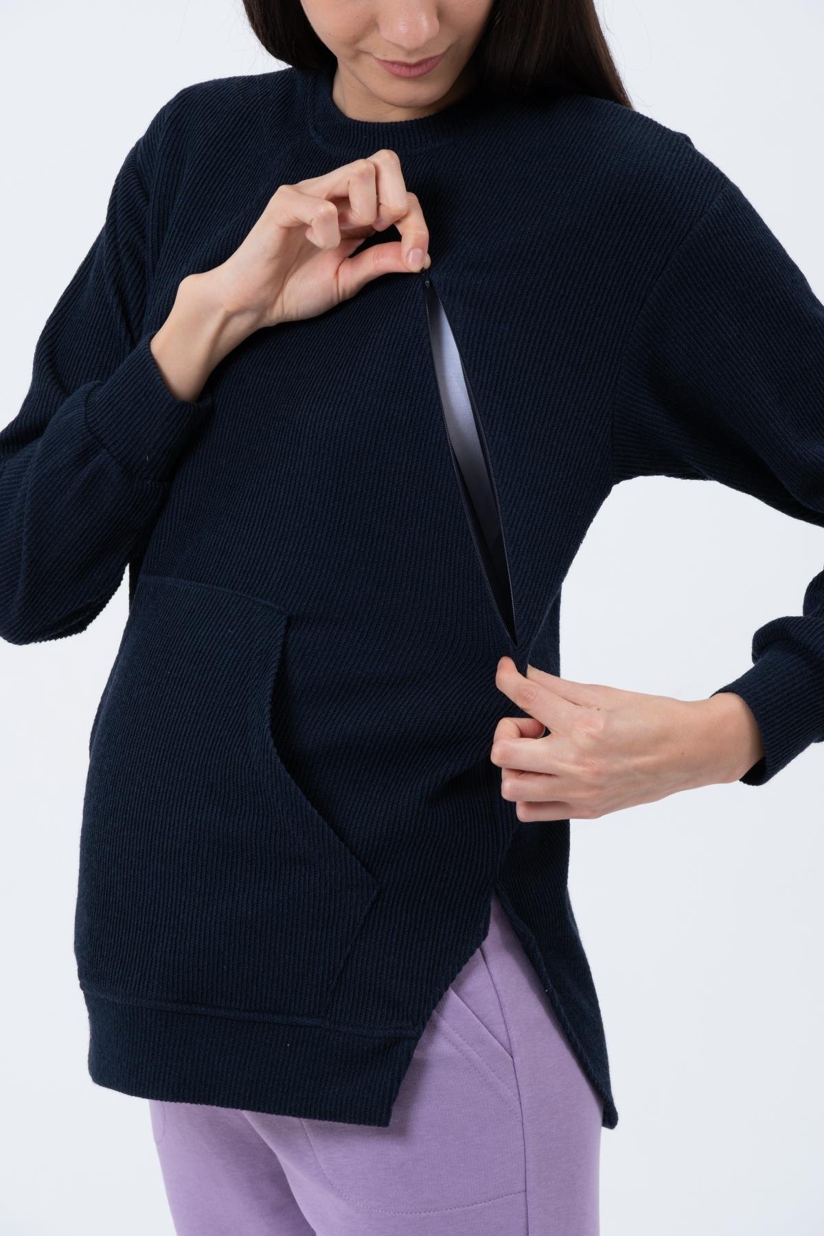 Busa Hamile Emzirme Detaylı Triko Sweatshirt LACİVERT