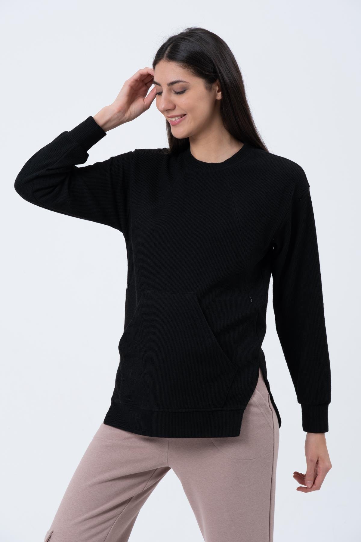 Busa Hamile Emzirme Detaylı Triko Sweatshirt SİYAH