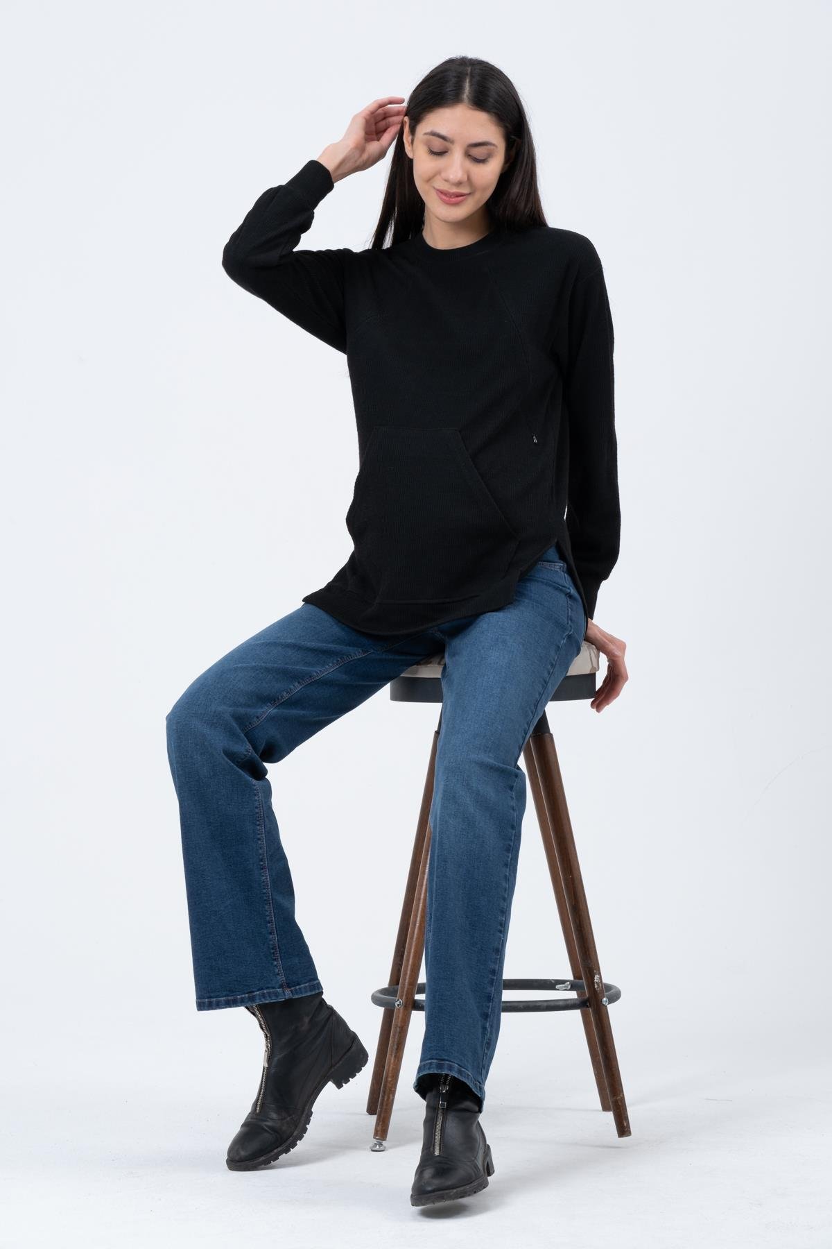 Busa Hamile Emzirme Detaylı Triko Sweatshirt SİYAH
