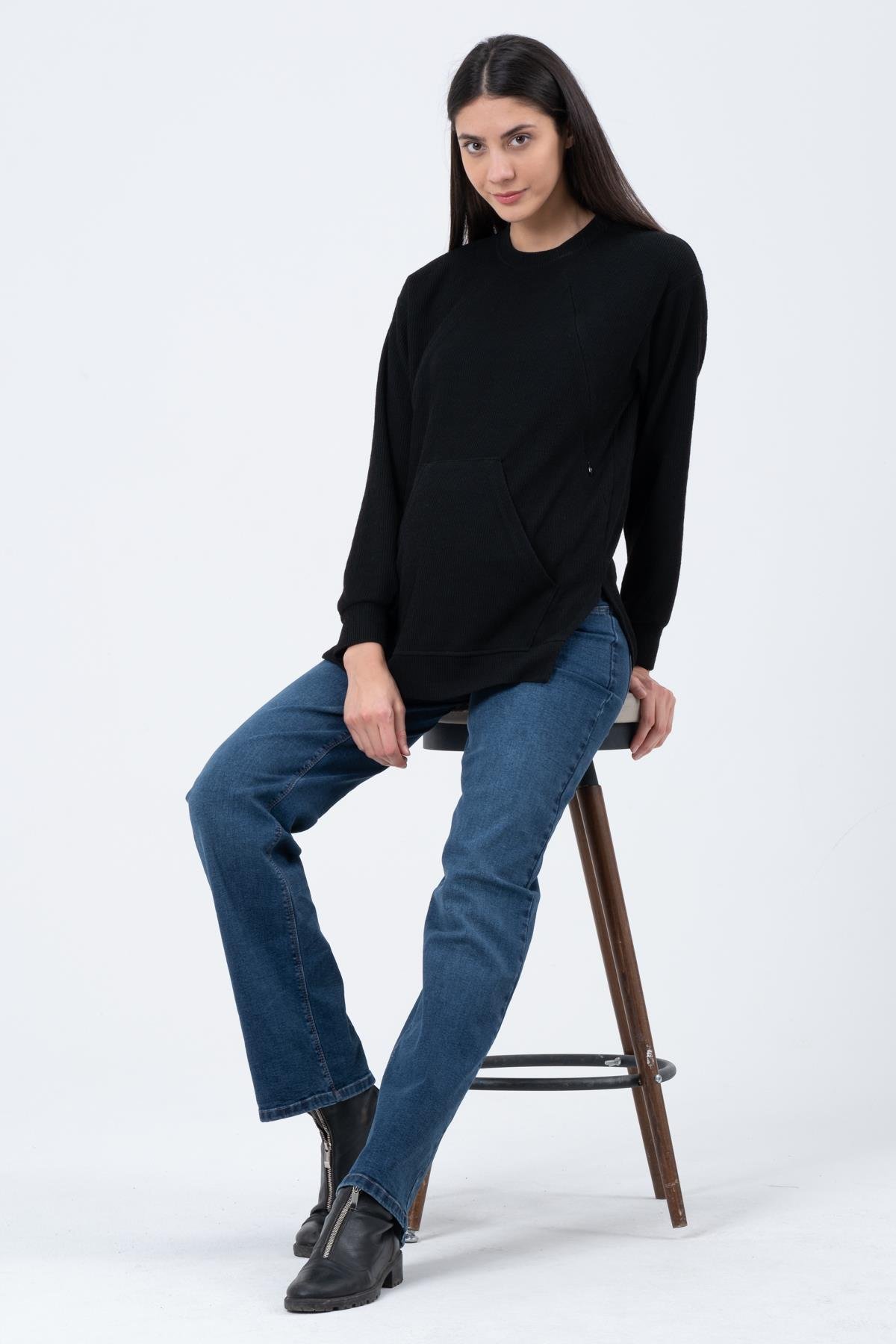 Busa Hamile Emzirme Detaylı Triko Sweatshirt SİYAH