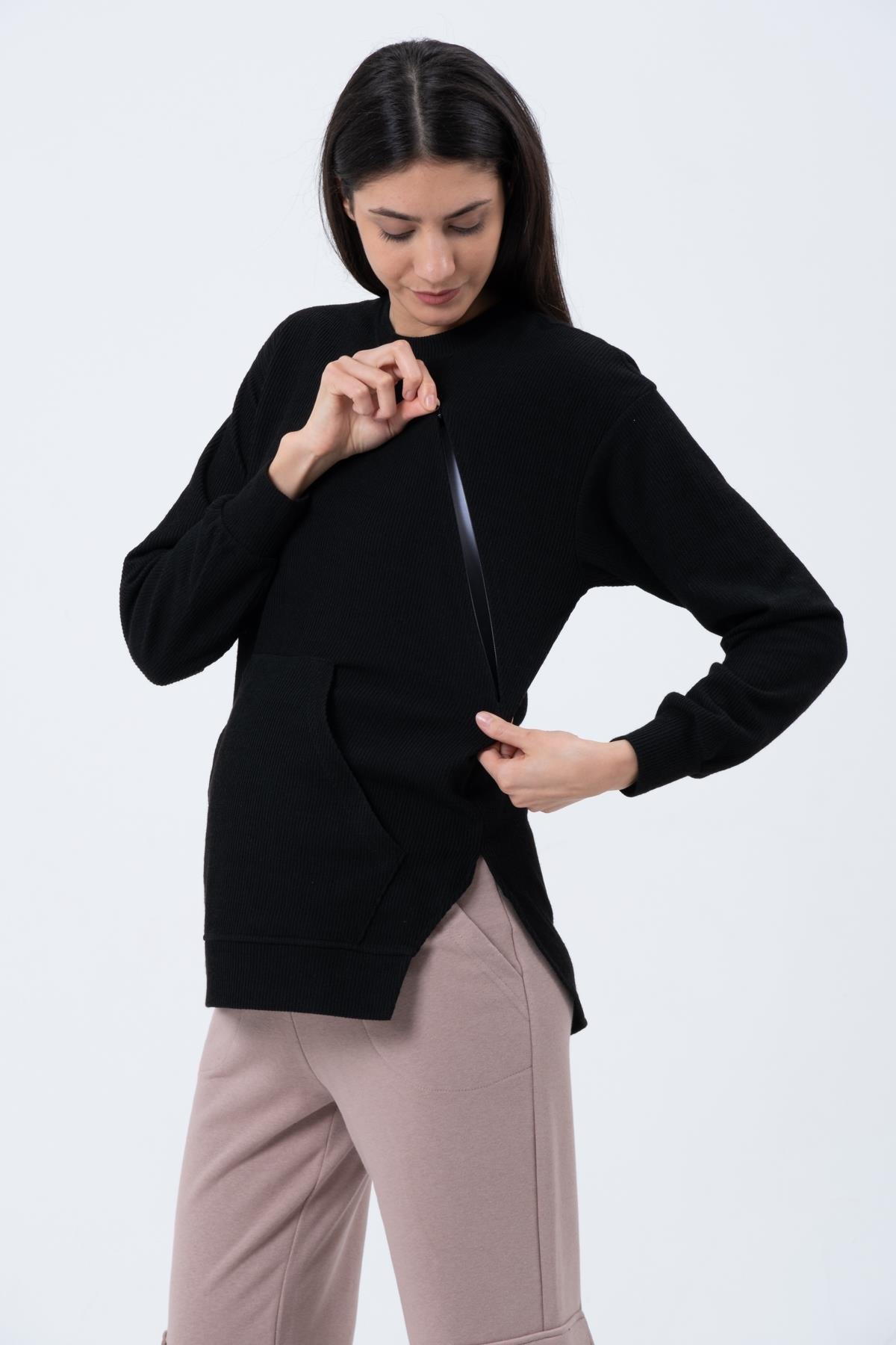 Busa Hamile Emzirme Detaylı Triko Sweatshirt SİYAH