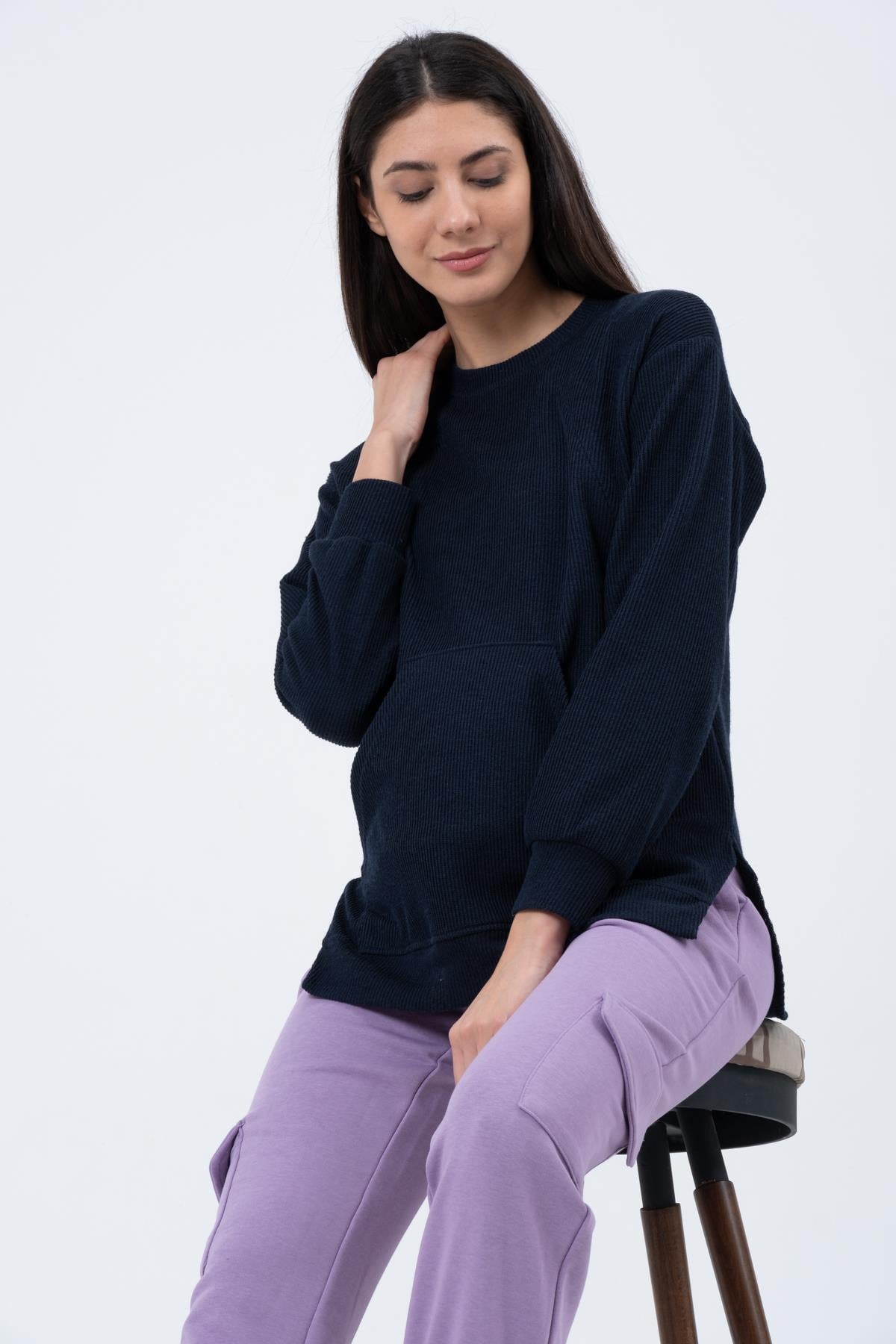 Busa Hamile Emzirme Detaylı Triko Sweatshirt LACİVERT