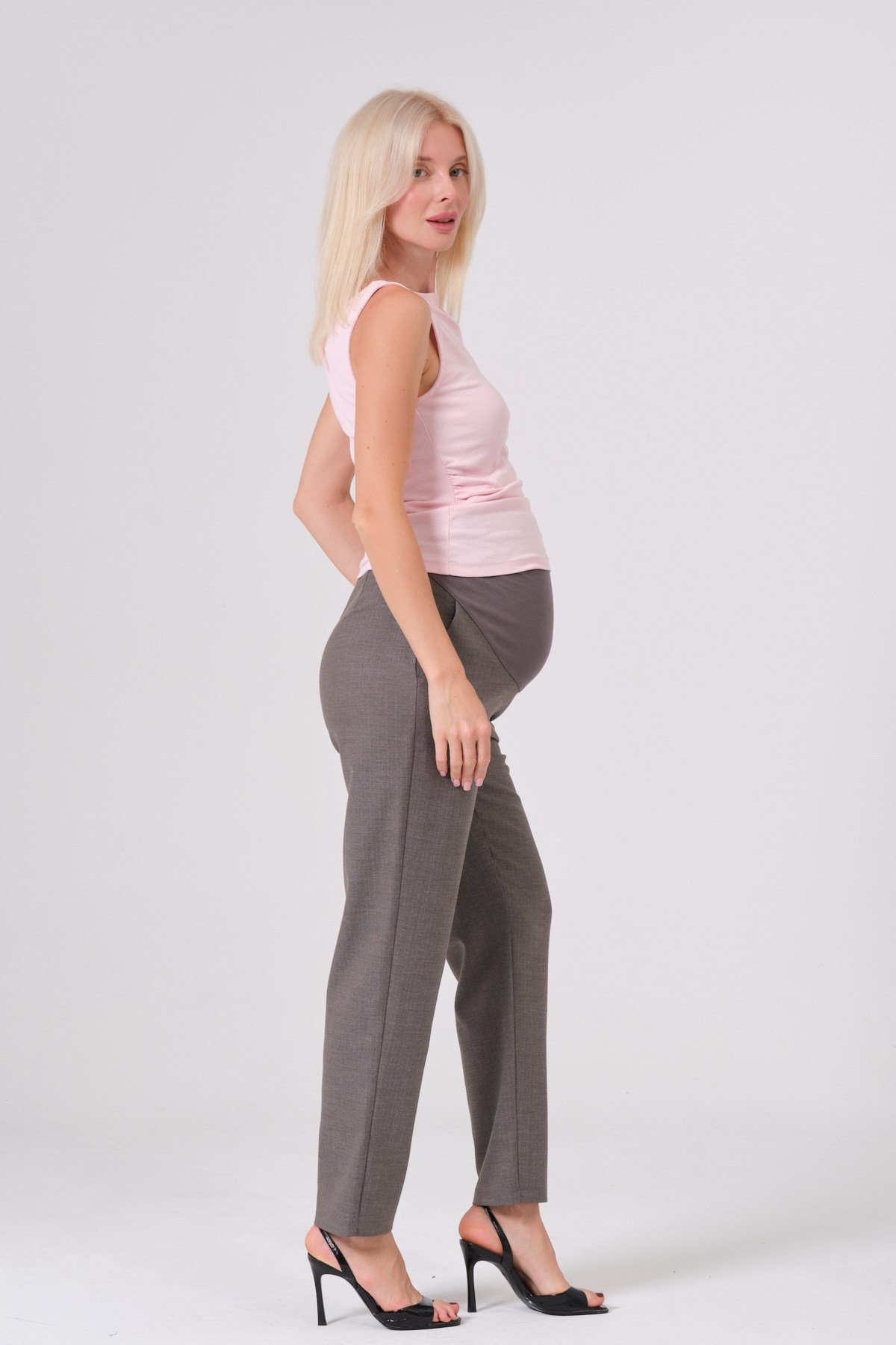 Busa Hamile Esnek Karın Bantlı Balık Sırtı Mom Fit Klasik Pantolon KAHVERENGİ