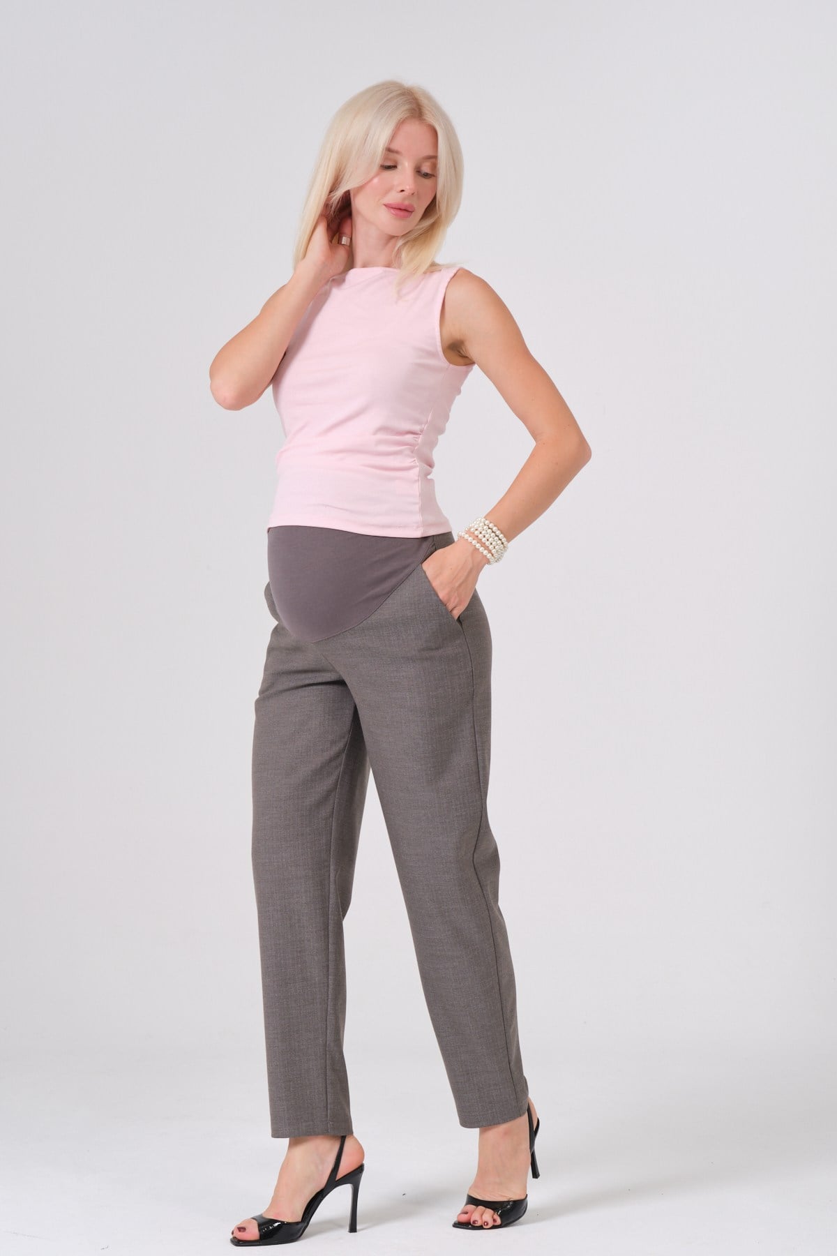Busa Hamile Esnek Karın Bantlı Balık Sırtı Mom Fit Klasik Pantolon KAHVERENGİ