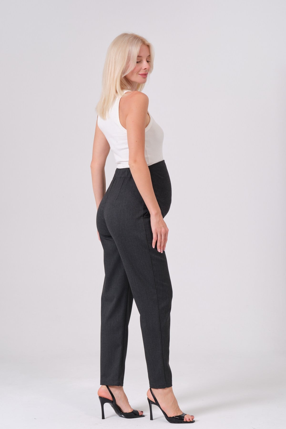 Busa Hamile Esnek Karın Bantlı Balık Sırtı Mom Fit Klasik Pantolon ANTRASİT
