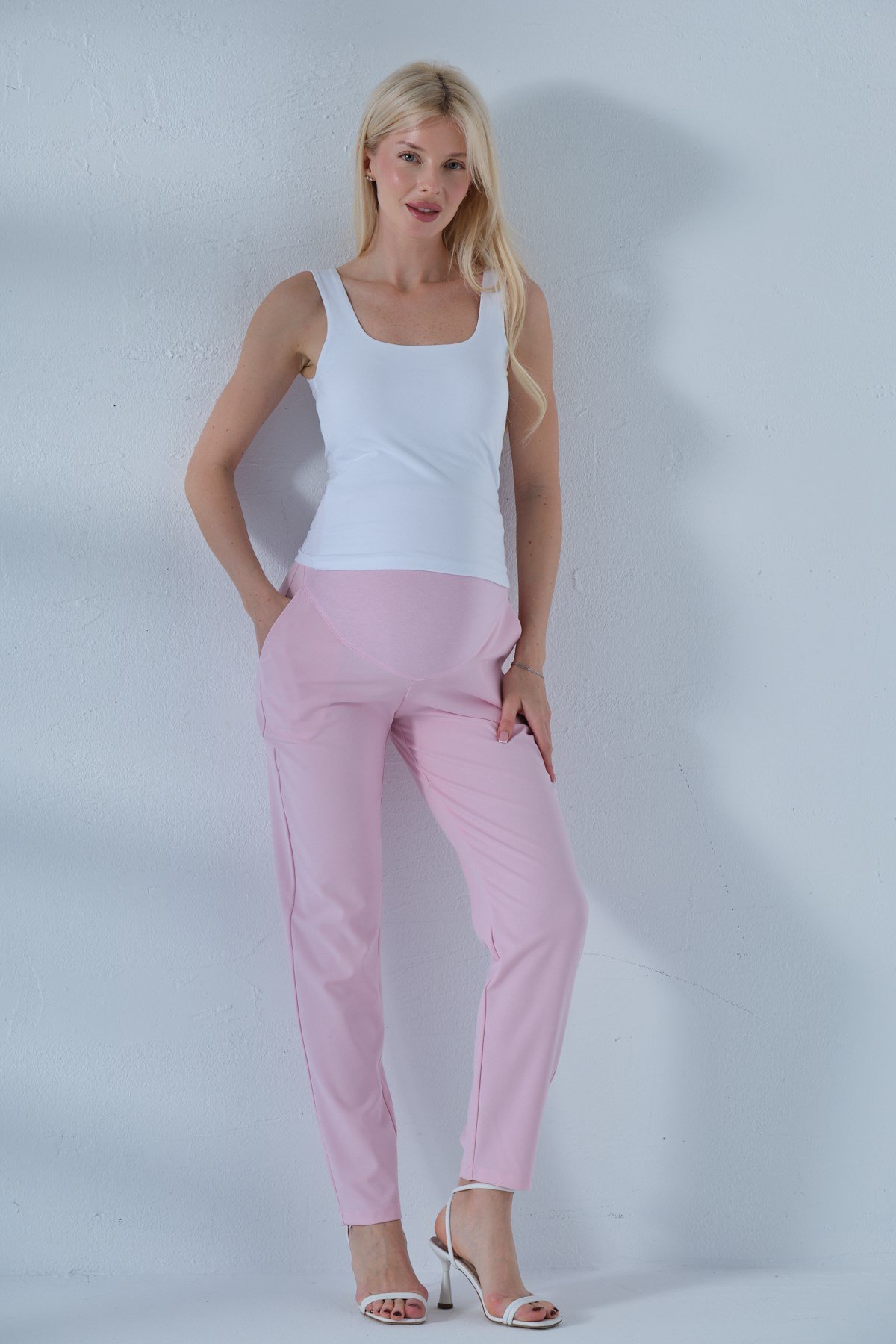 Busa Hamile Esnek Karın Bantlı Belden Ayarlı Mom Fit Klasik Gabardin Pantolon AÇIK PEMBE