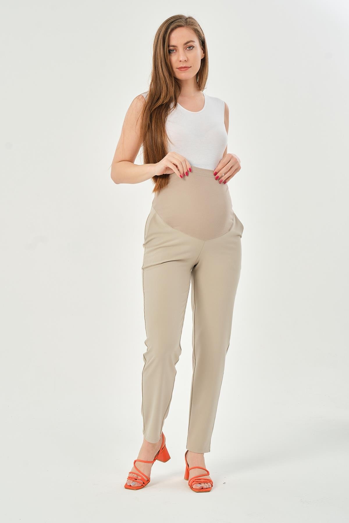 Busa Hamile Esnek Karın Bantlı Belden Ayarlı Mom Fit Klasik Gabardin Pantolon Taş
