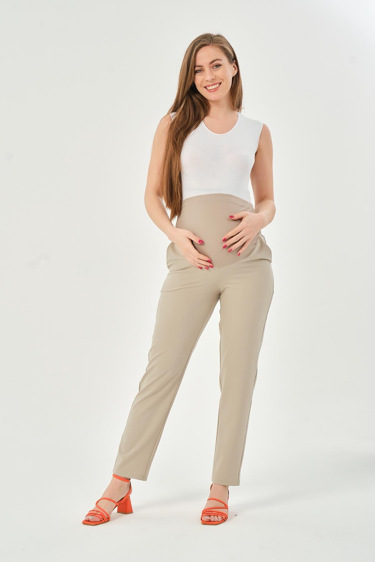Busa Hamile Esnek Karın Bantlı Belden Ayarlı Mom Fit Klasik Gabardin Pantolon Taş