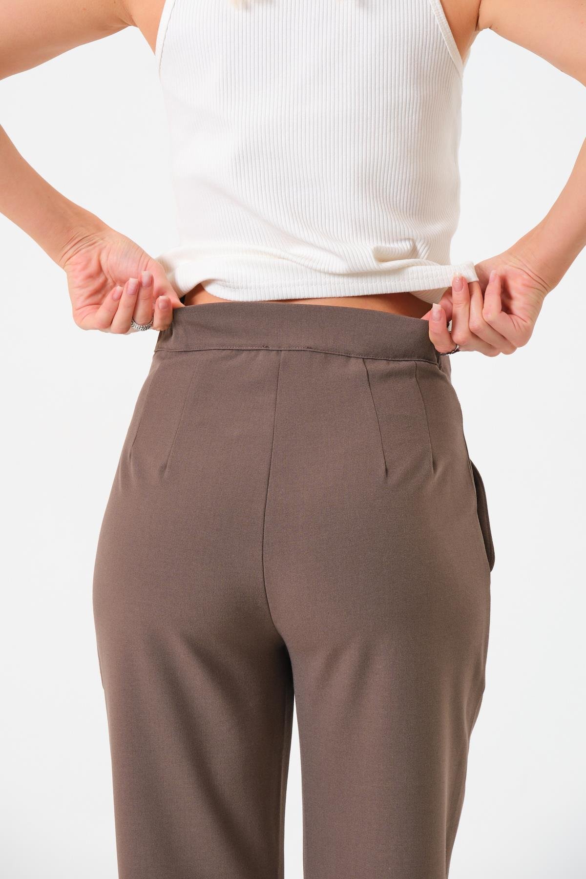 Busa Hamile Esnek Karın Bantlı Belden Ayarlı Mom Fit Klasik Gabardin Pantolon Vizon